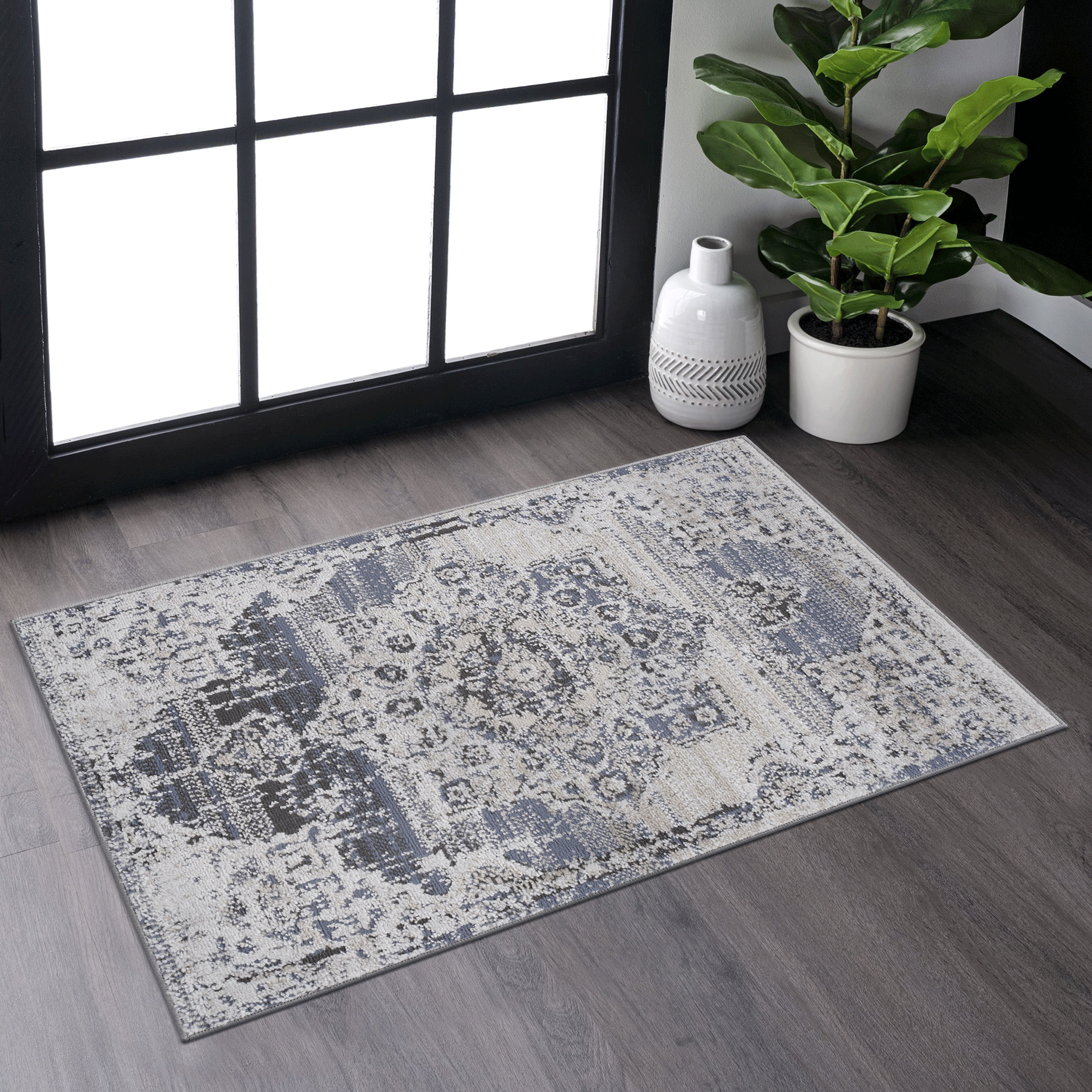 NAAR PAYAS Collection 2X3 Cream/Blue /Medallion Non-Shedding  and Stain Resistant Area Rug