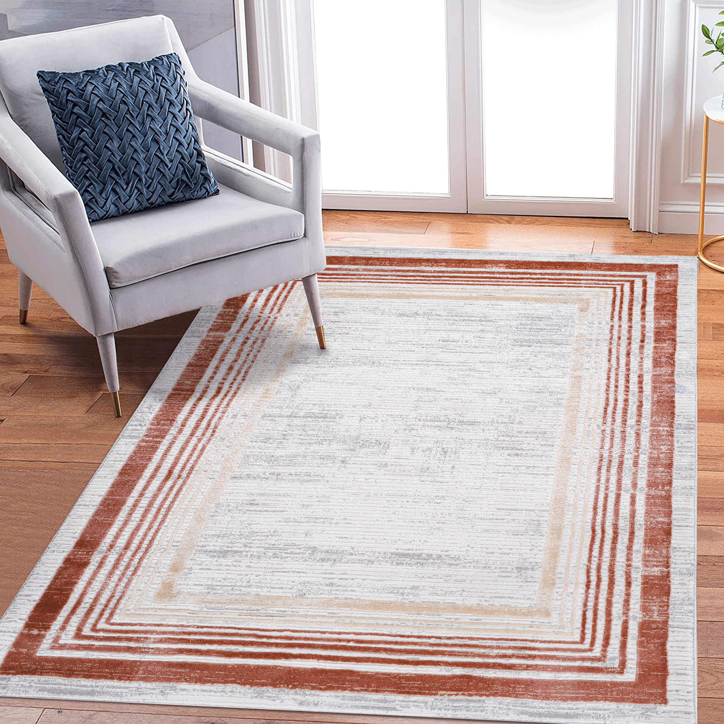 NAAR MARFI Collection 6X9 Brown/Ivory/Bordered Non-Shedding and Stain Resistant Area Rug