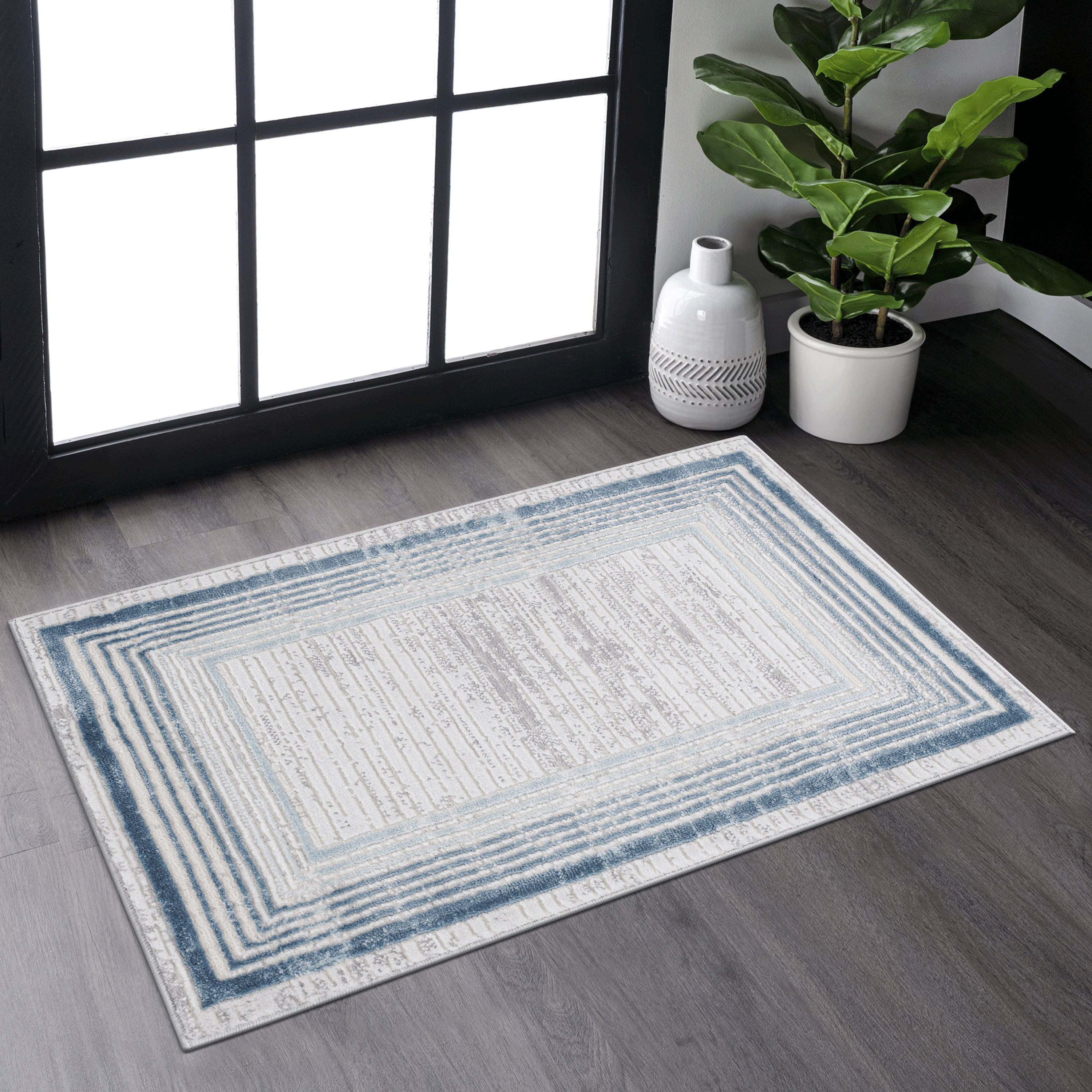 NAAR MARFI Collection 2X3 Blue/Ivory/Bordered Non-Shedding Stain Resistant Area Rug