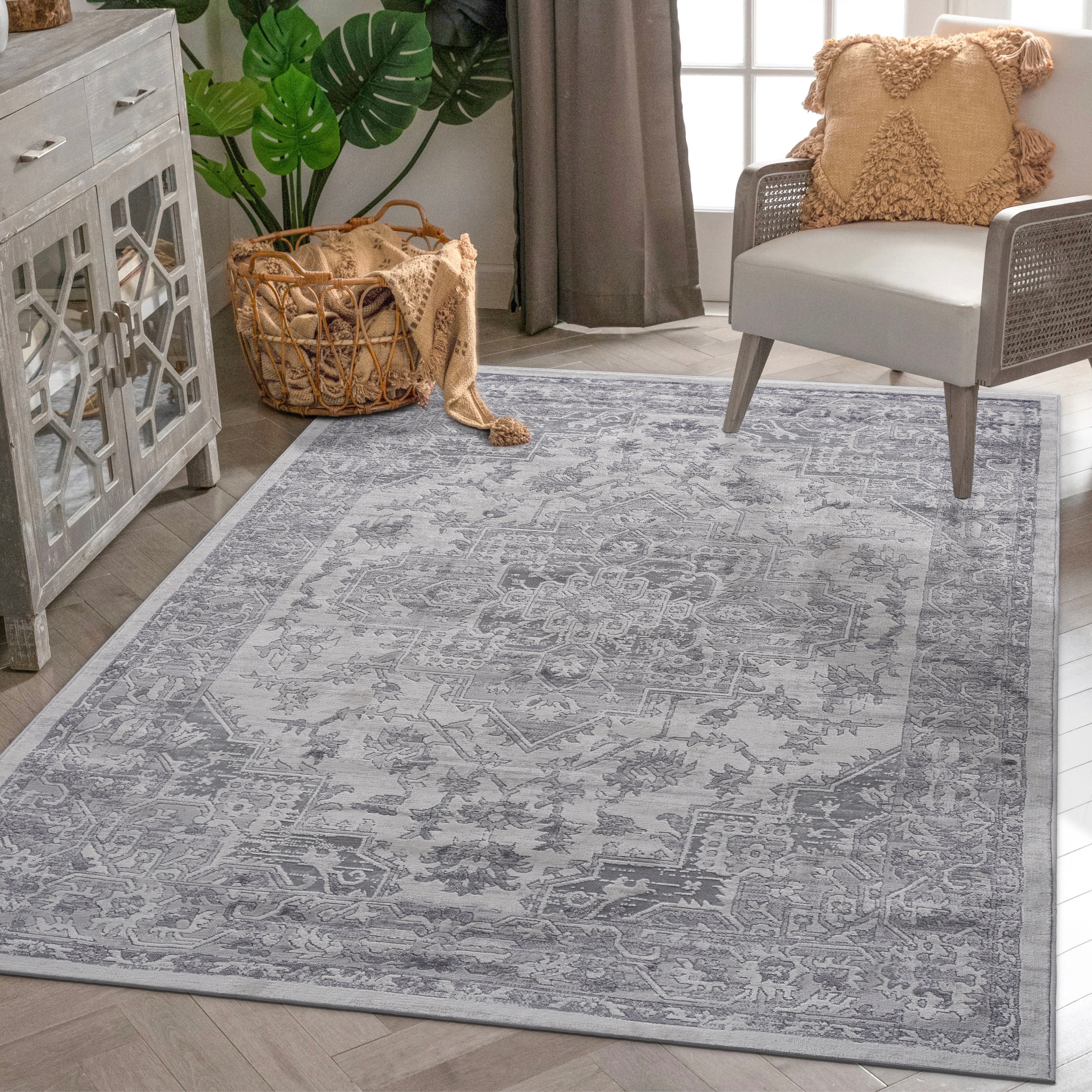 NAAR MARFI Collection 6X9 Silver/Oriental Non-Shedding  and Stain Resistant Area Rug