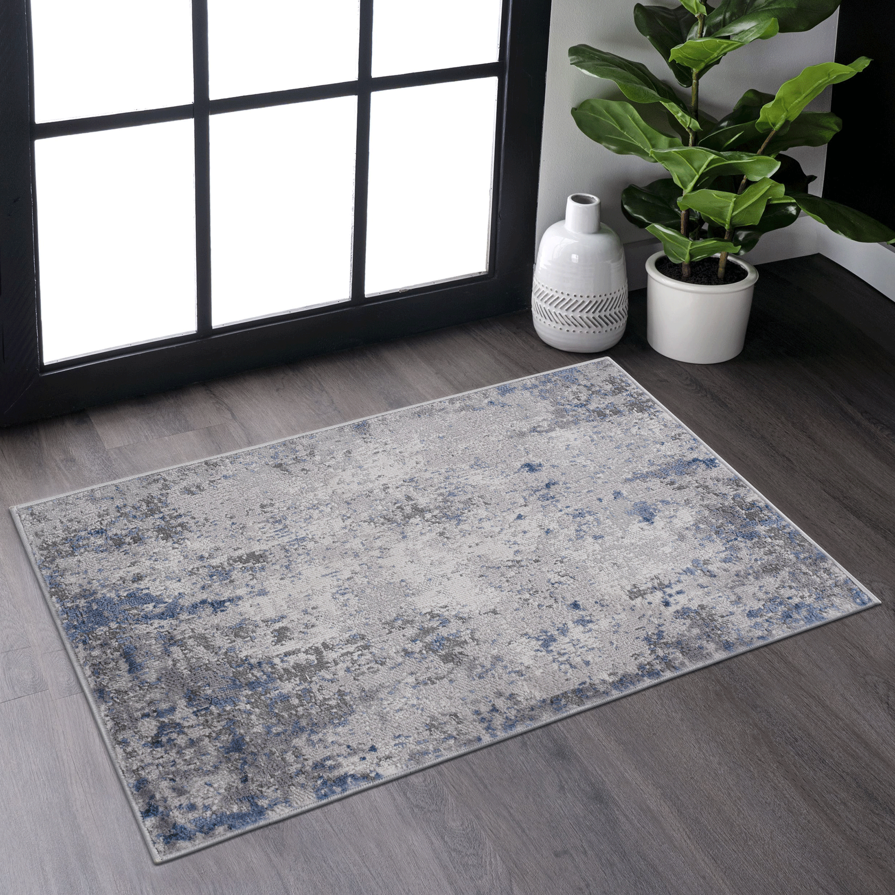 NAAR MARFI Collection 2X3 Silver/Blue/Abstract Non-Shedding and Stain Resistant Area Rug