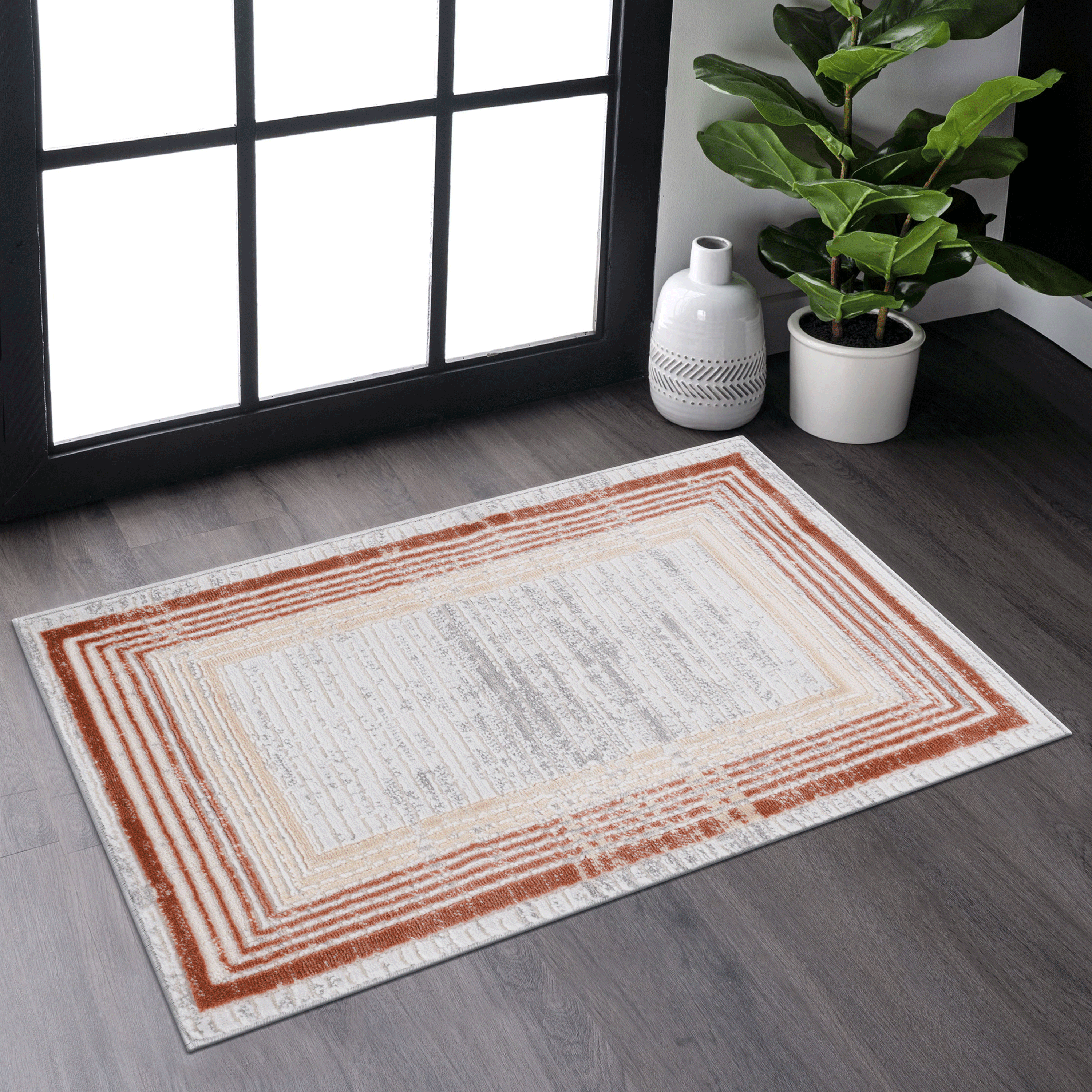 NAAR MARFI Collection 2X3 Brown/Ivory/Bordered Non-Shedding  and Stain Resistant Area Rug