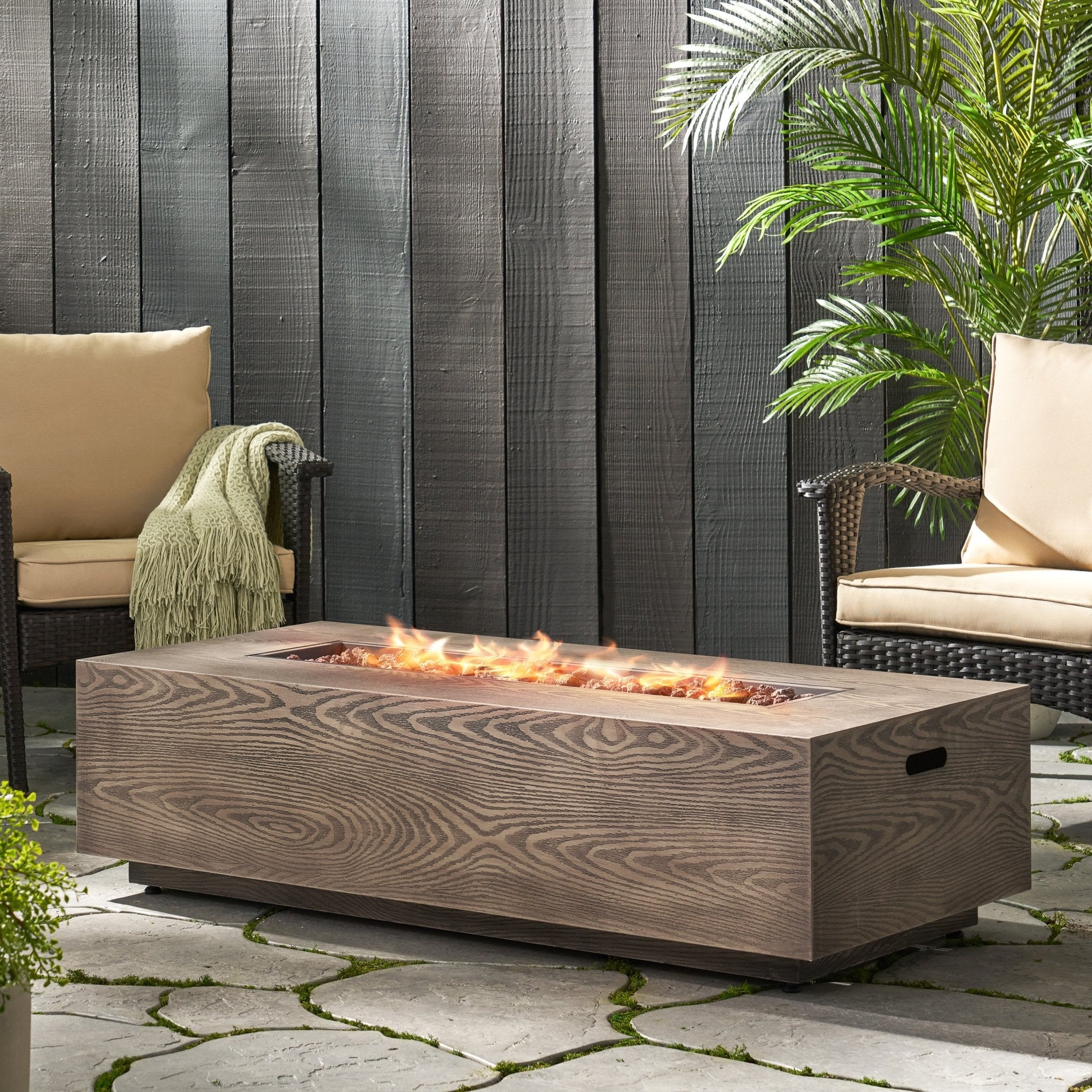 56"" Outdoor 50,000 BTU Rectangular Iron Propane Fire Pit, Brown Wood Pattern (Tank Cover not Included)