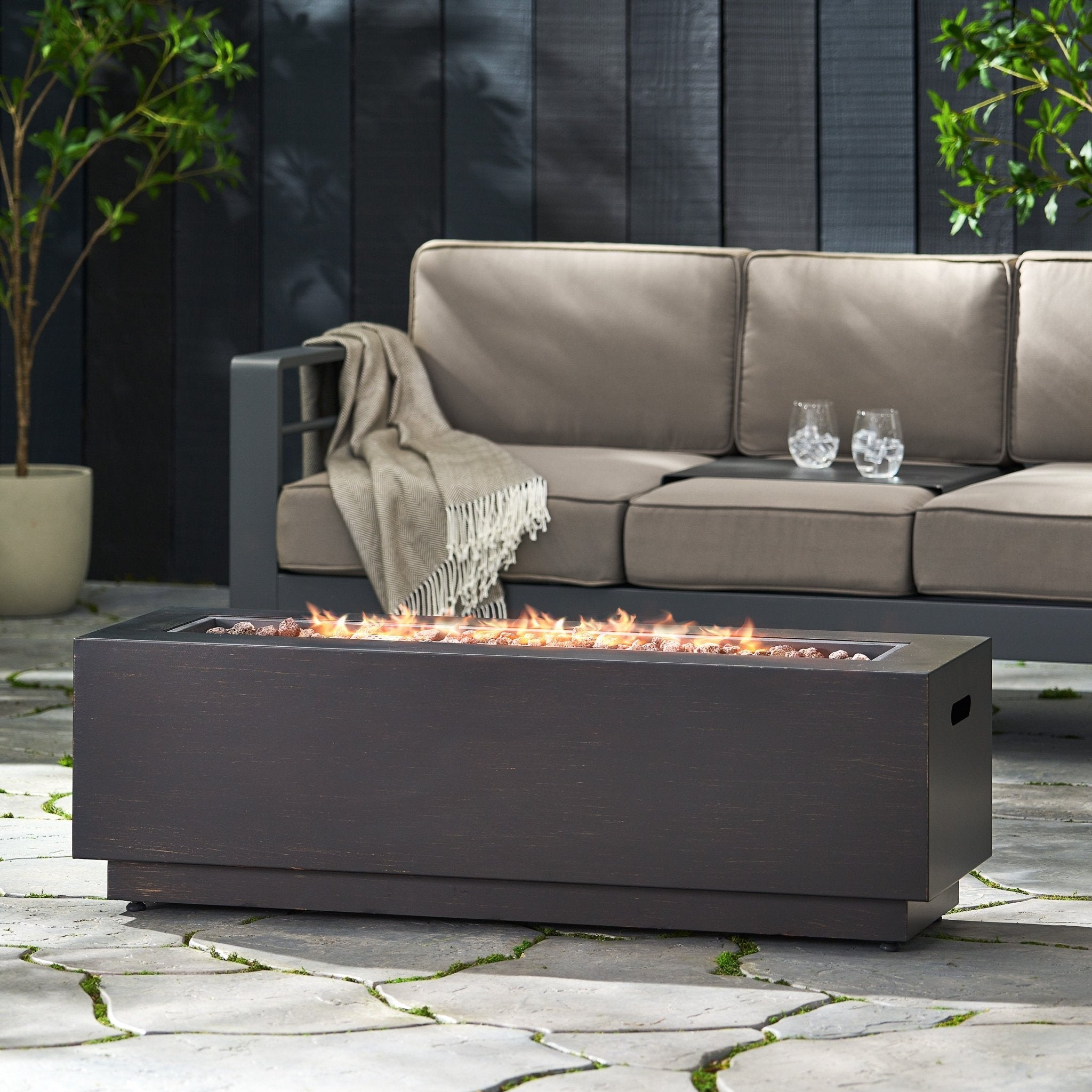 40"" Outdoor 50,000 BTU Rectangular Iron Propane Fire Pit, Dark Grey (Tank Cover not Included)