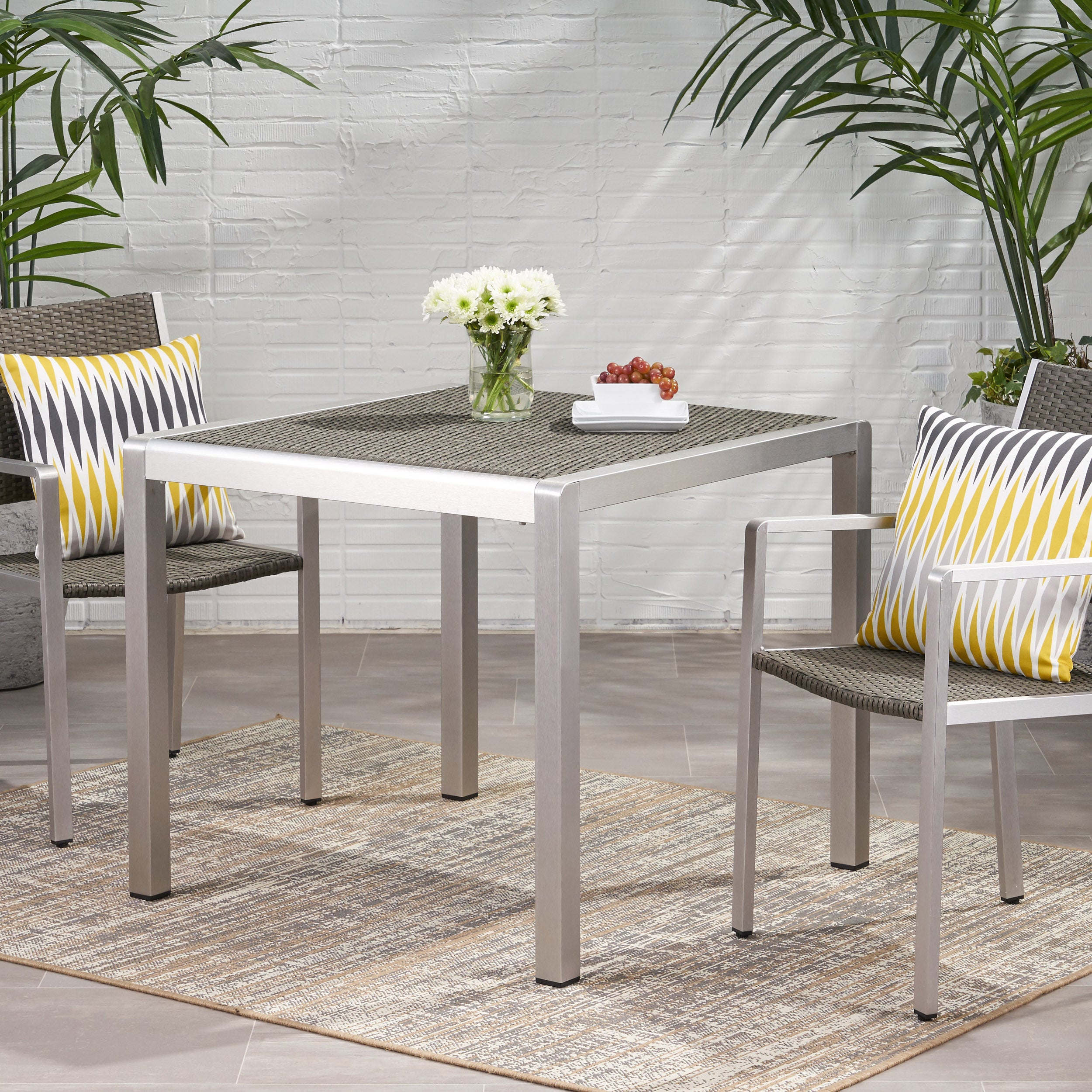 Outdoor Dining Table - Anodized Aluminum - Wicker Table Top - Square - Silver and Gray - 35""