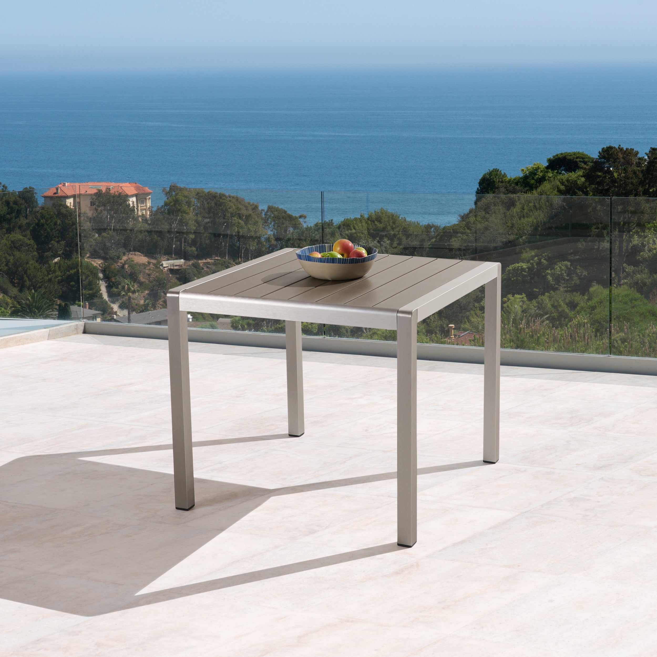 Outdoor Dining Anodized Aluminum-Faux Wood Table Top-Square Gray-35, Silver + Gray