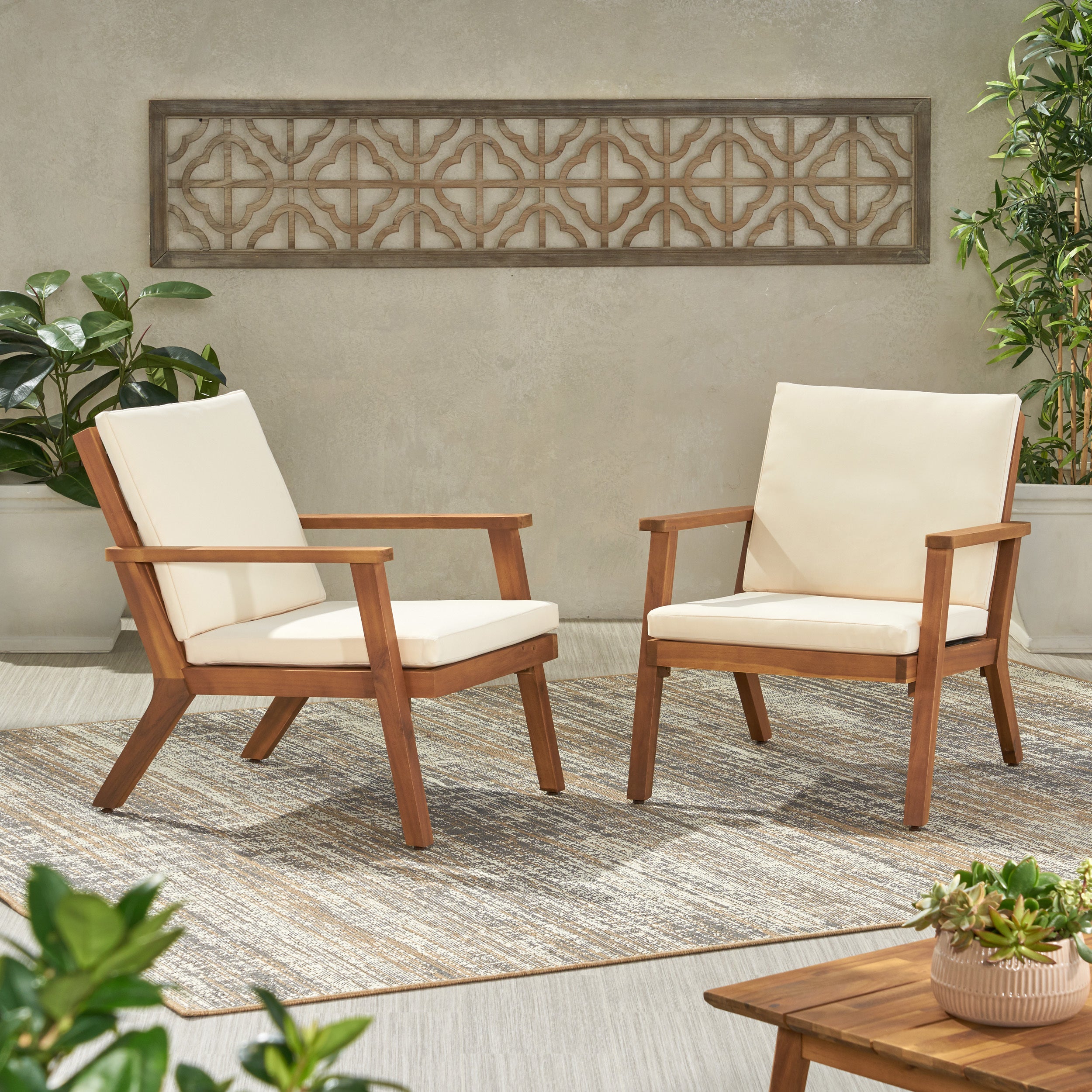 Outdoor Acacia Wood Club Chairs with Cushions (Set of 2)