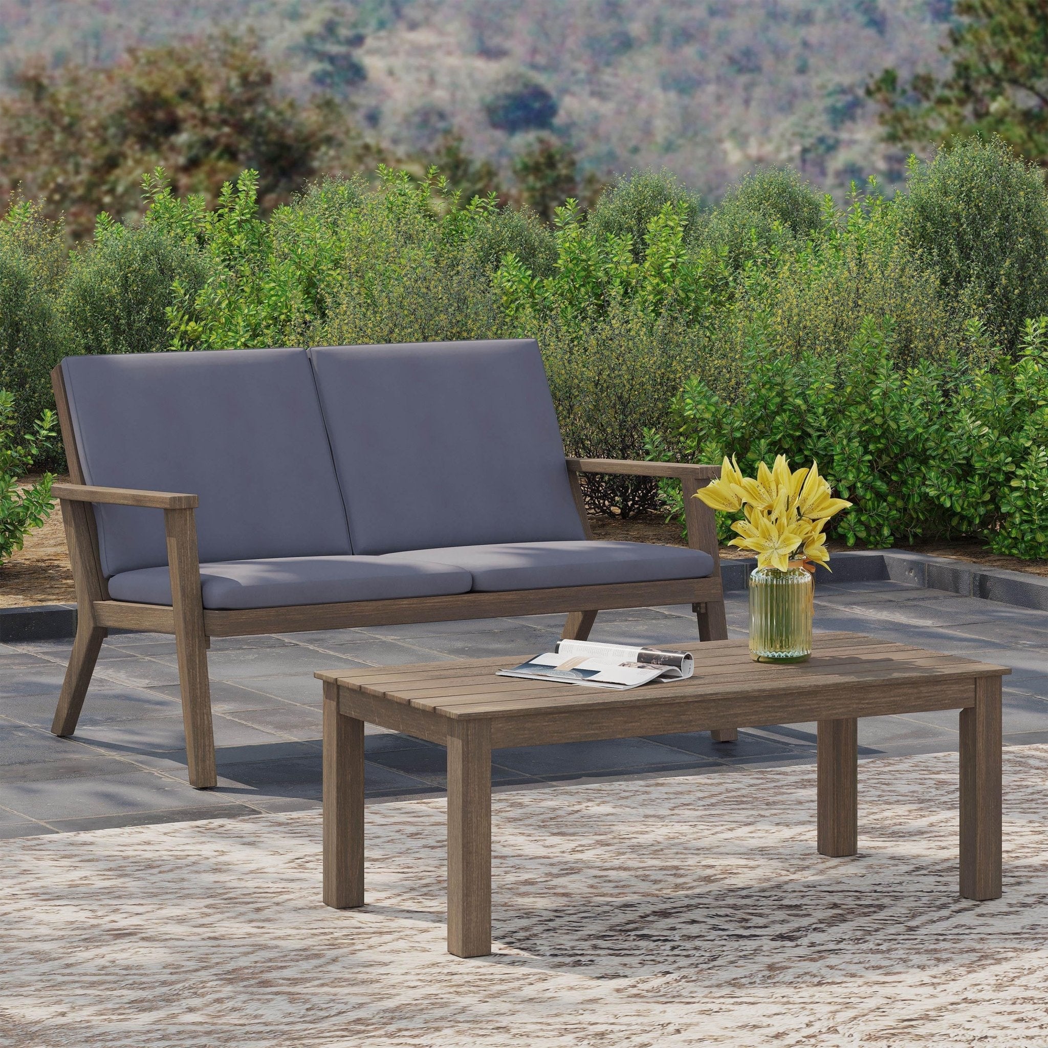 Acacia Wood Outdoor Loveseat and Coffee Table Set with Cushions - Gray+ Dark Gray