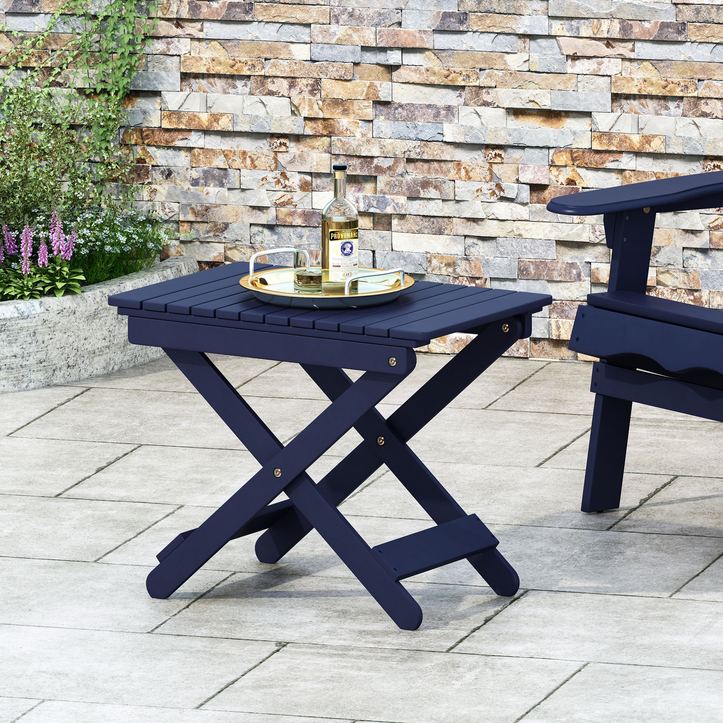 Outdoor Folding Wooden Side Table, Navy Blue, 15""D x 22.75""W x 18.25""H