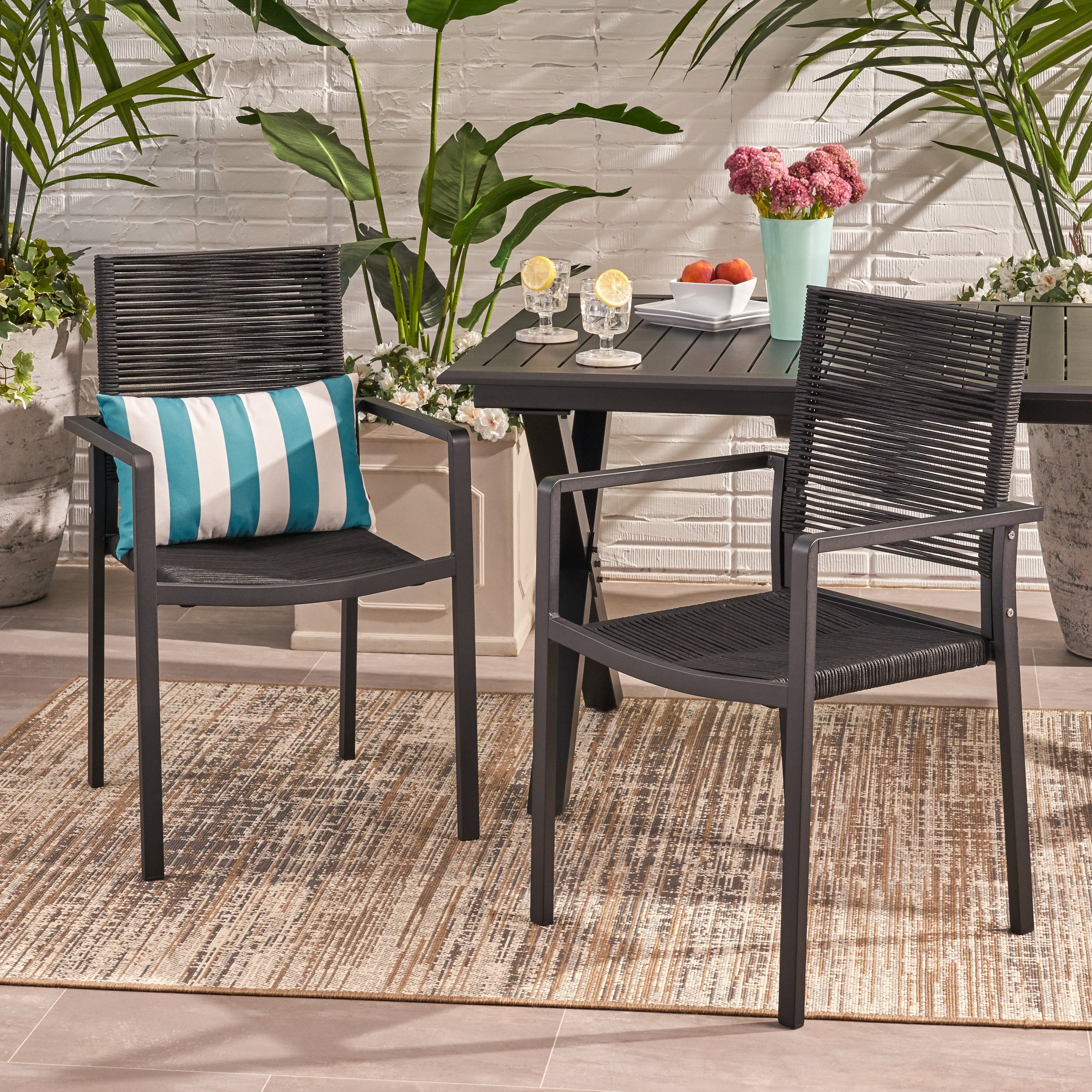 Outdoor Modern Aluminum Dining Chair with Rope Seat (Set of 2), Dark Gray and Black