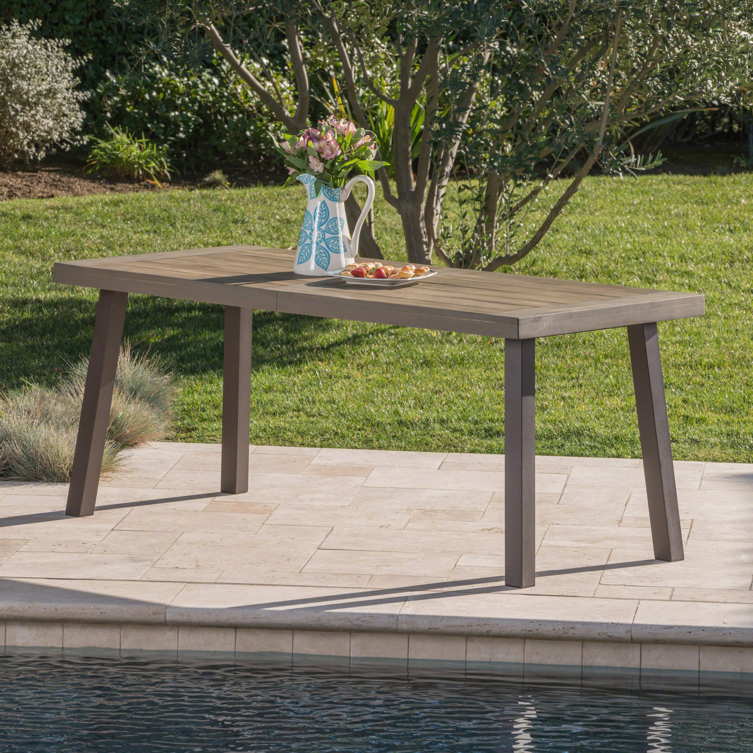 Della Outdoor Acacia Wood Dining Table with Metal Legs, Grey Finish / Rustic Metal