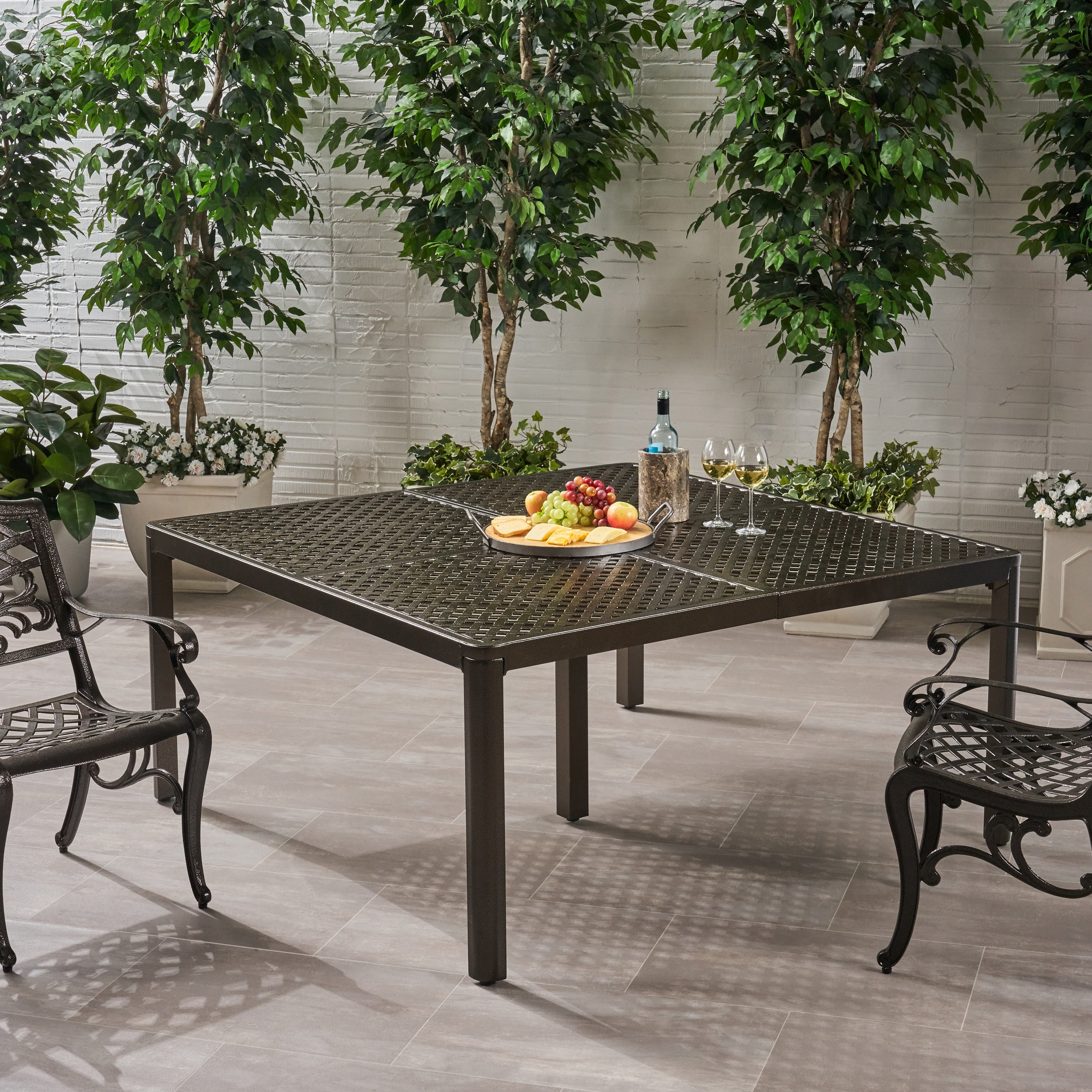 Outdoor Modern Aluminum Dining Table with Woven Accents, Gloss Black