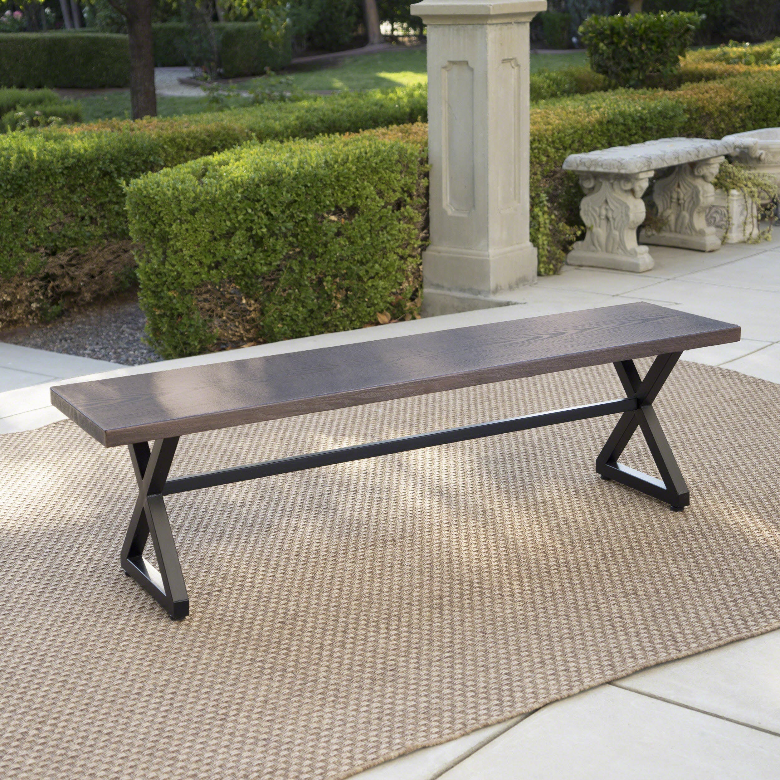 Outdoor Aluminum Dining Bench with Steel Frame, Brown / Black