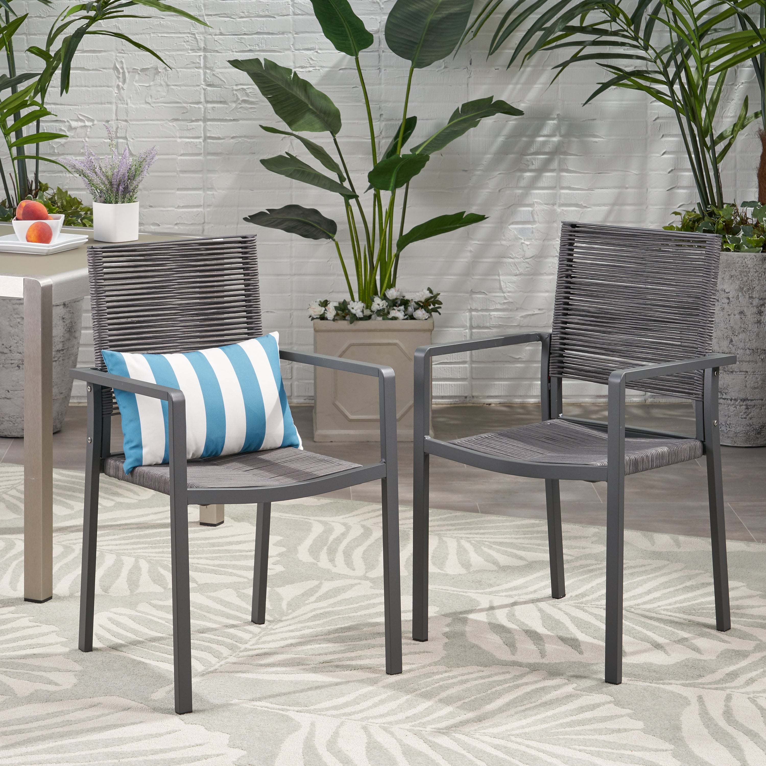 Outdoor Modern Aluminum Dining Chair with Rope Seat (Set of 2), Gray and Dark Gray