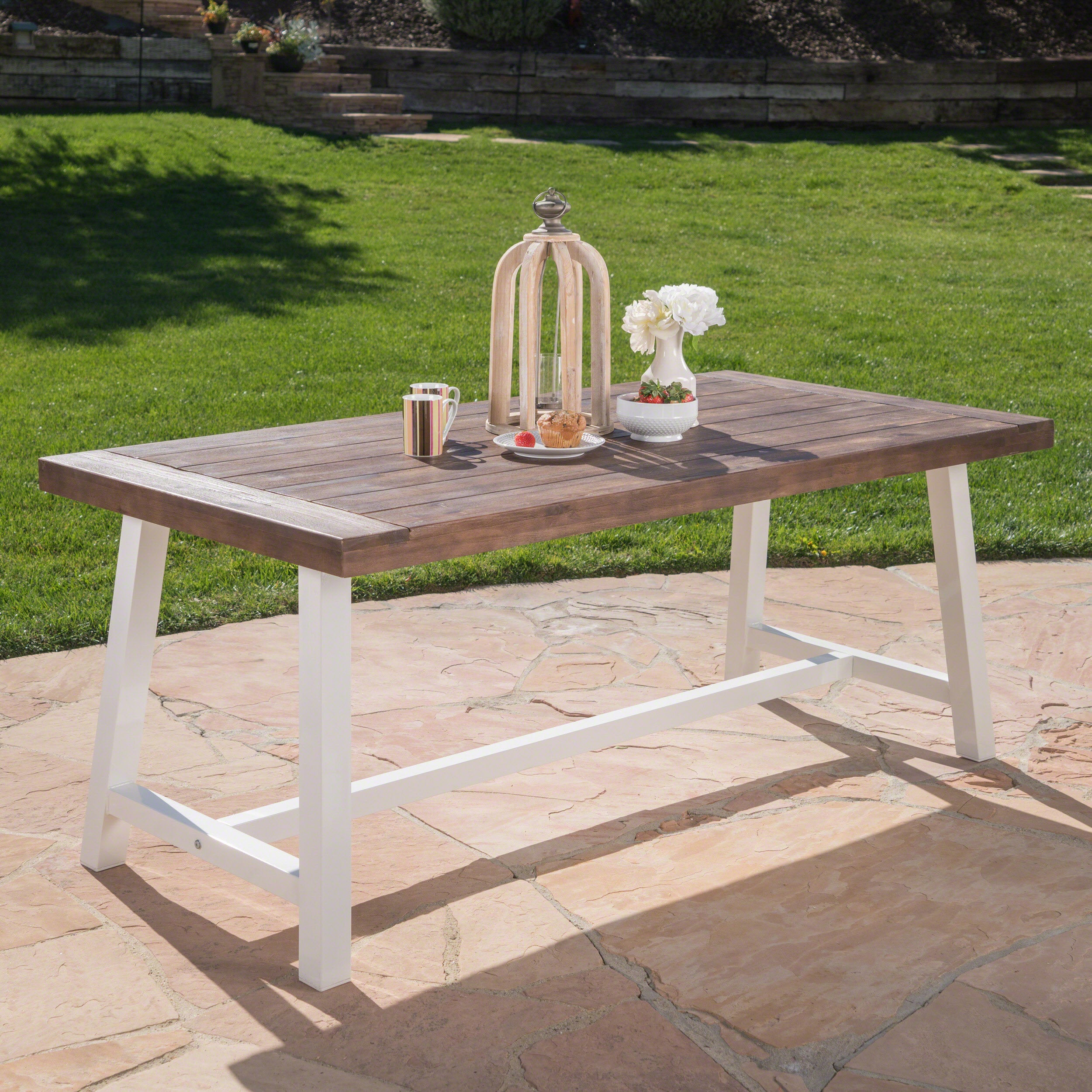 Outdoor Dark Brown Sandblast Finish Acacia Wood Dining Table with White Rustic Metal Finish Frame