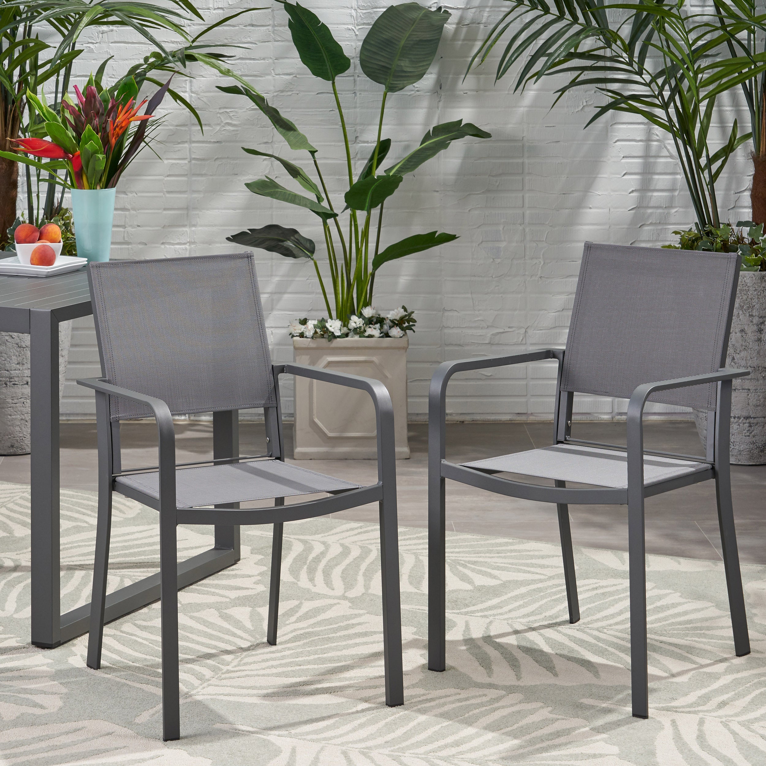 Outdoor Modern Aluminum Dining Chair with Mesh Seat (Set of 2), Gun Metal Gray and Dark Gray