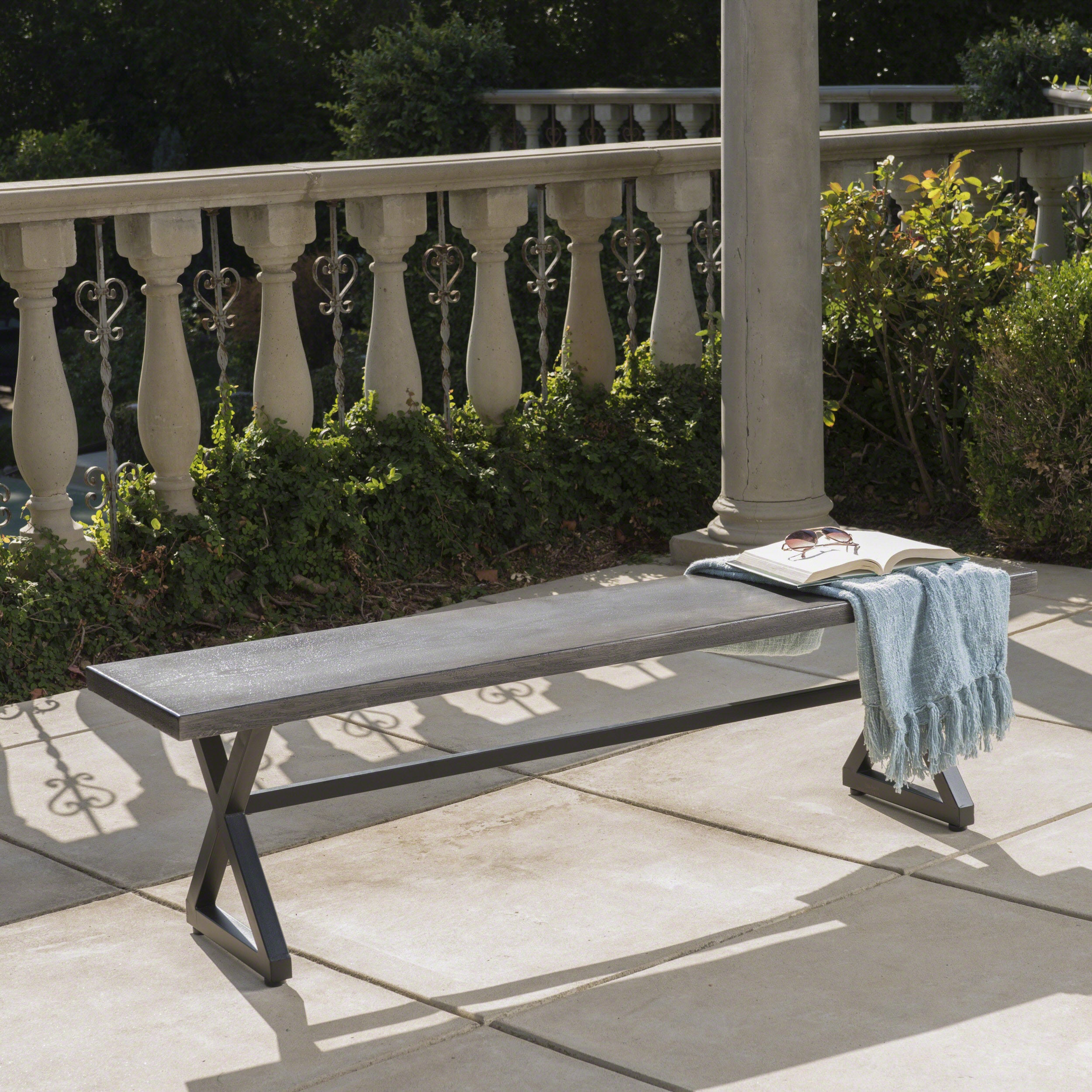 Outdoor Aluminum Dining Bench with Steel Frame, Grey / Black