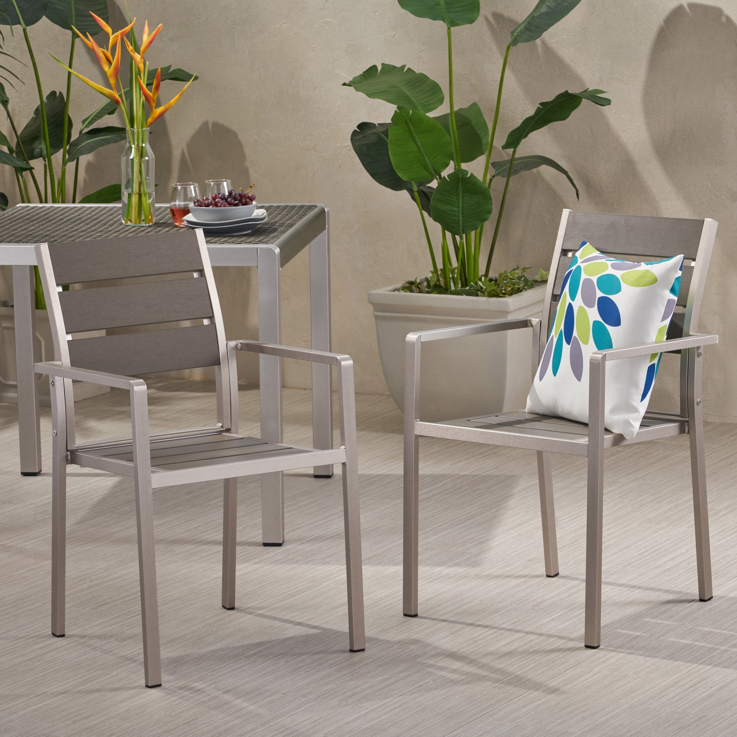 Outdoor Modern Aluminum Dining Chair with Faux Wood Seat (Set of 2), Gray and Silver