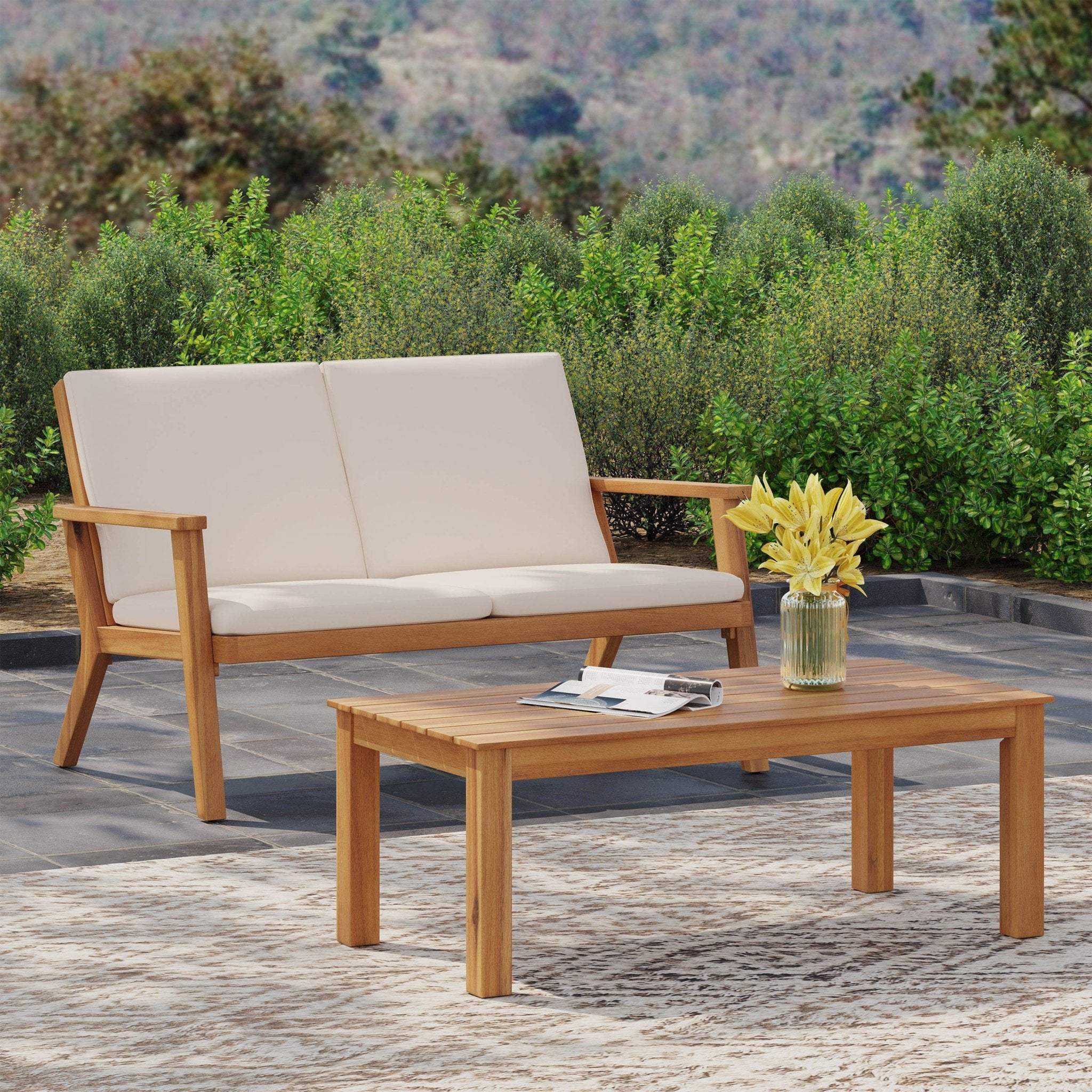 Acacia Wood Outdoor Loveseat and Coffee Table Set with Cushions