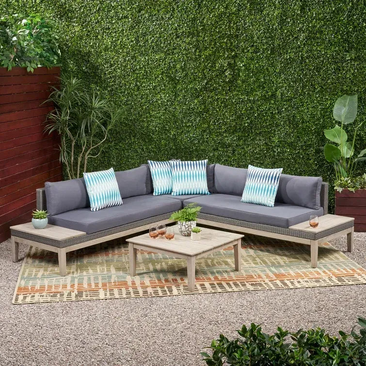 Loft Outdoor Acacia Wood and Wicker 5 Seater Sectional Sofa Set