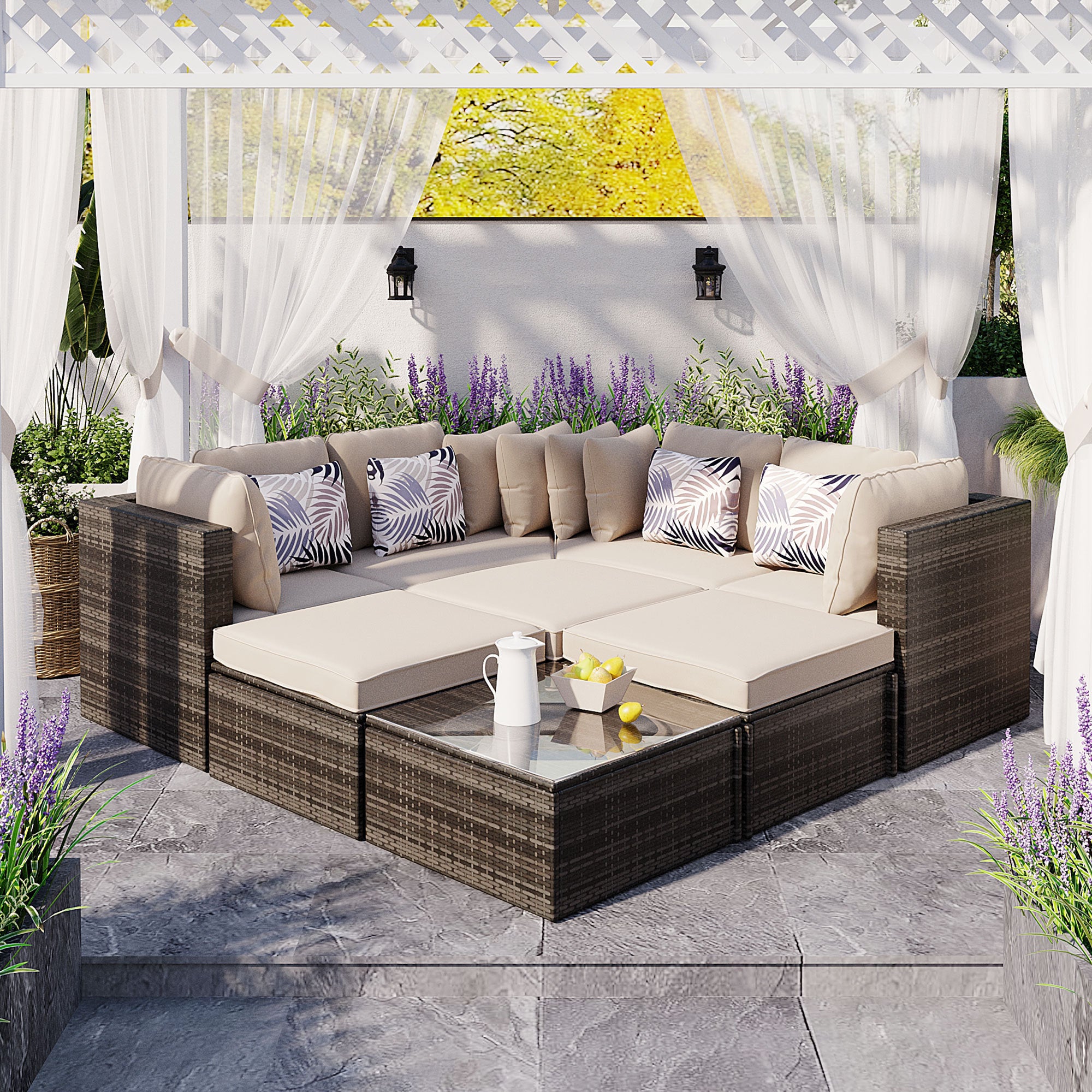 GO 8-piece Outdoor Wicker Sofa Set, Rattan Sofa Lounger, With Colorful Pillows-Brown Wicker, Beige Cushion