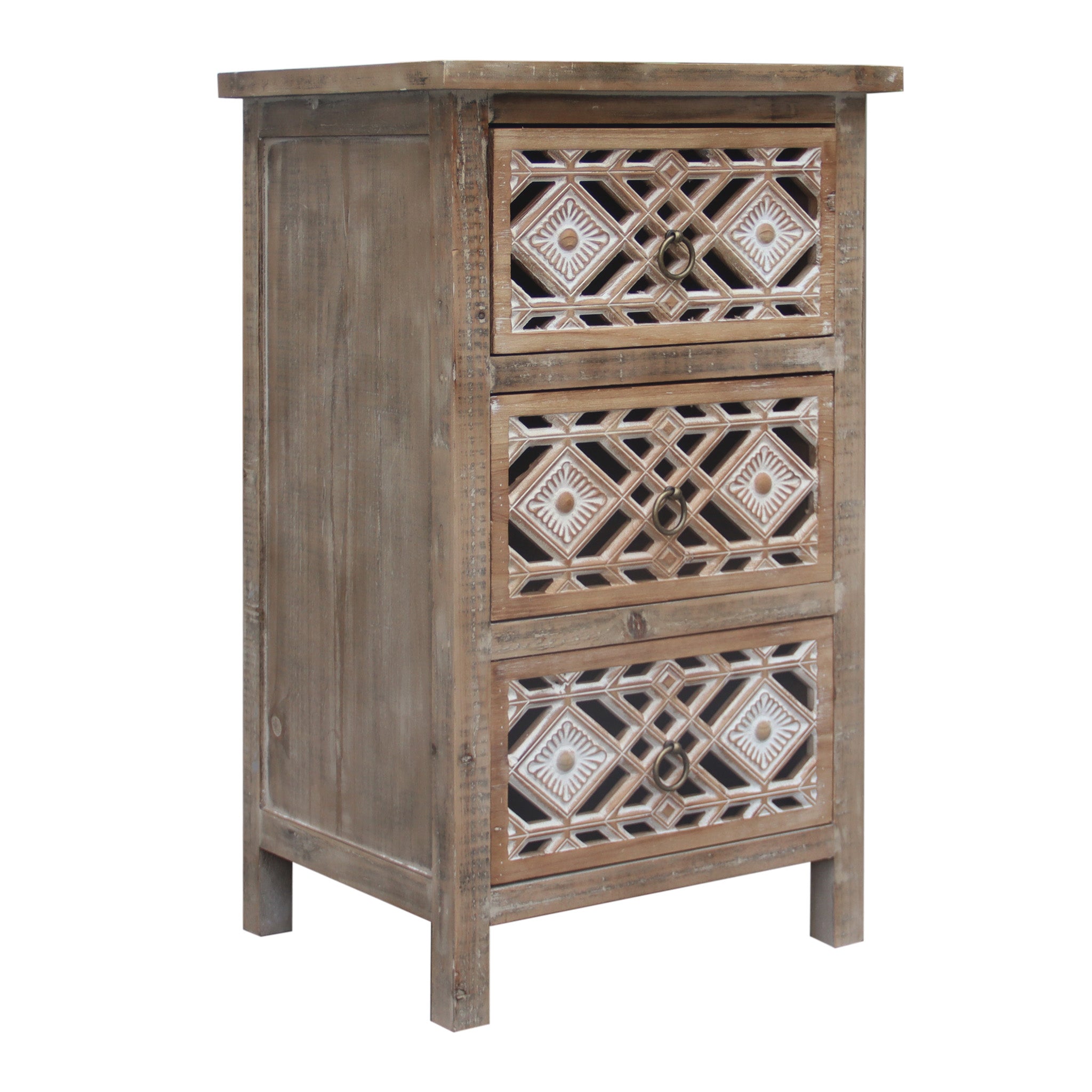 Farmhouse Wood Storage Cabinet with 3 Carved Drawers, Accent Nightstand