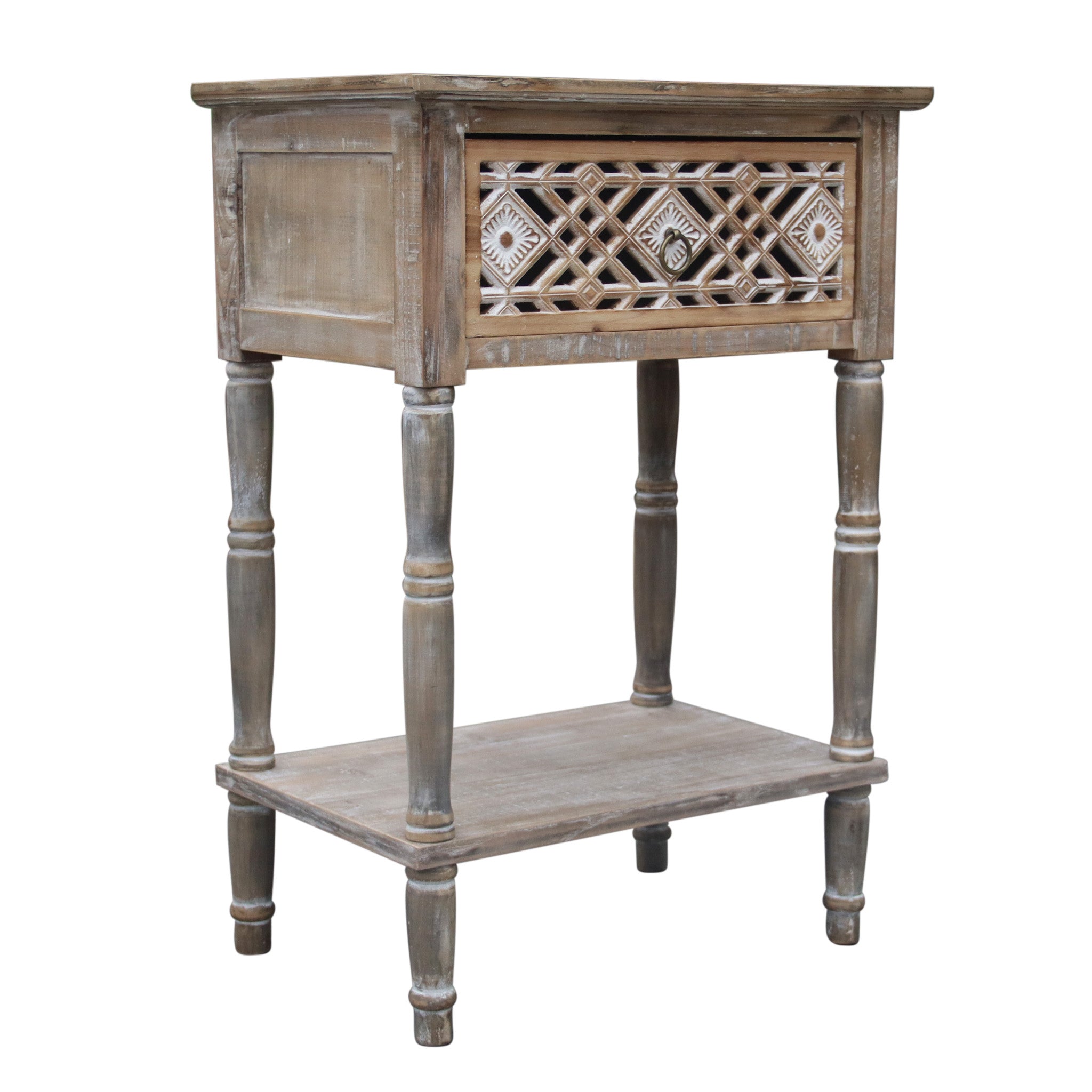 Vintage Nightstand with Cutout Carved Drawer and Open Display Shelf, Distressed Accent Table