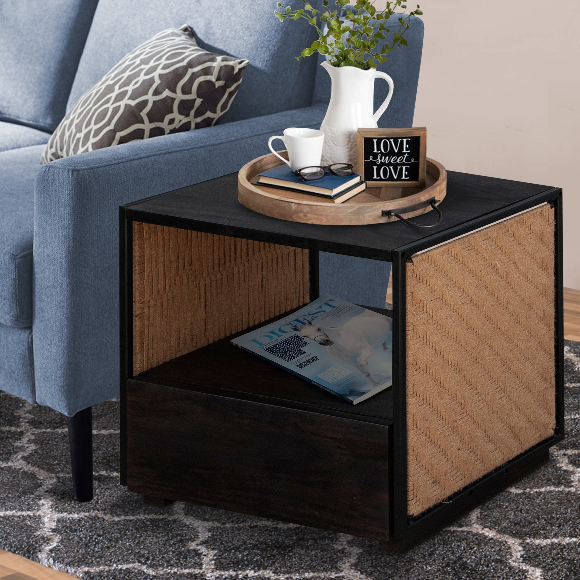 21 Inch Handcrafted Acacia Wood Side Table Nightstand, Woven Jute Side Panels, Brown, Black