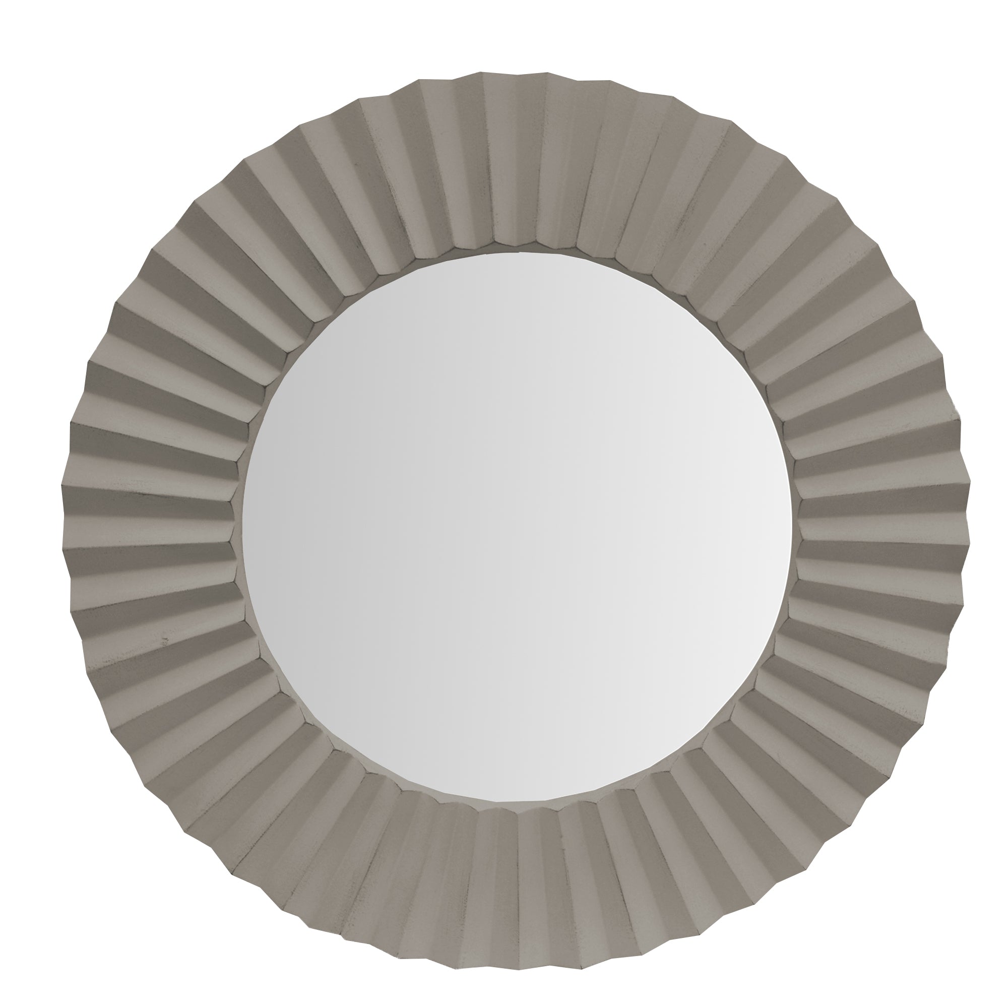 32 Inch Round Beveled Floating Wall Mirror with Corrugated Design Wooden Frame, Gray