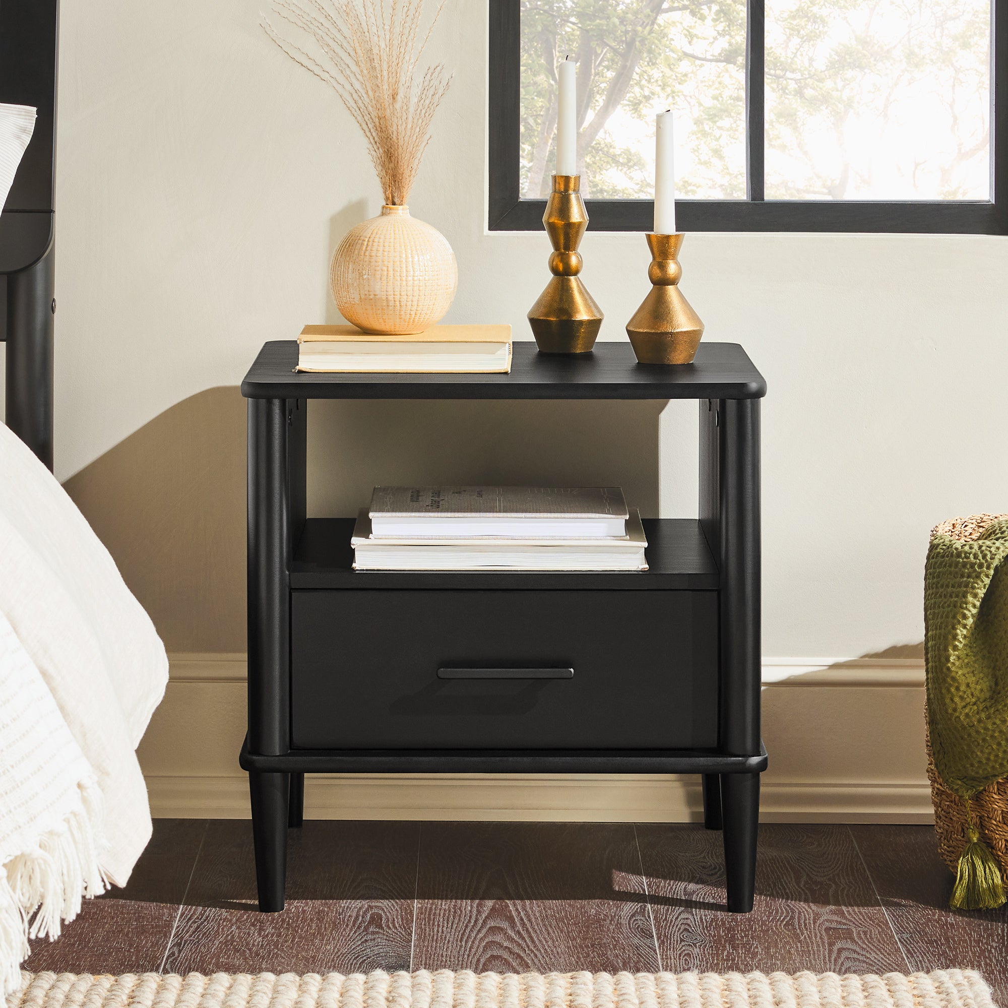 Transitional Solid Wood Spindle Nightstand  Black