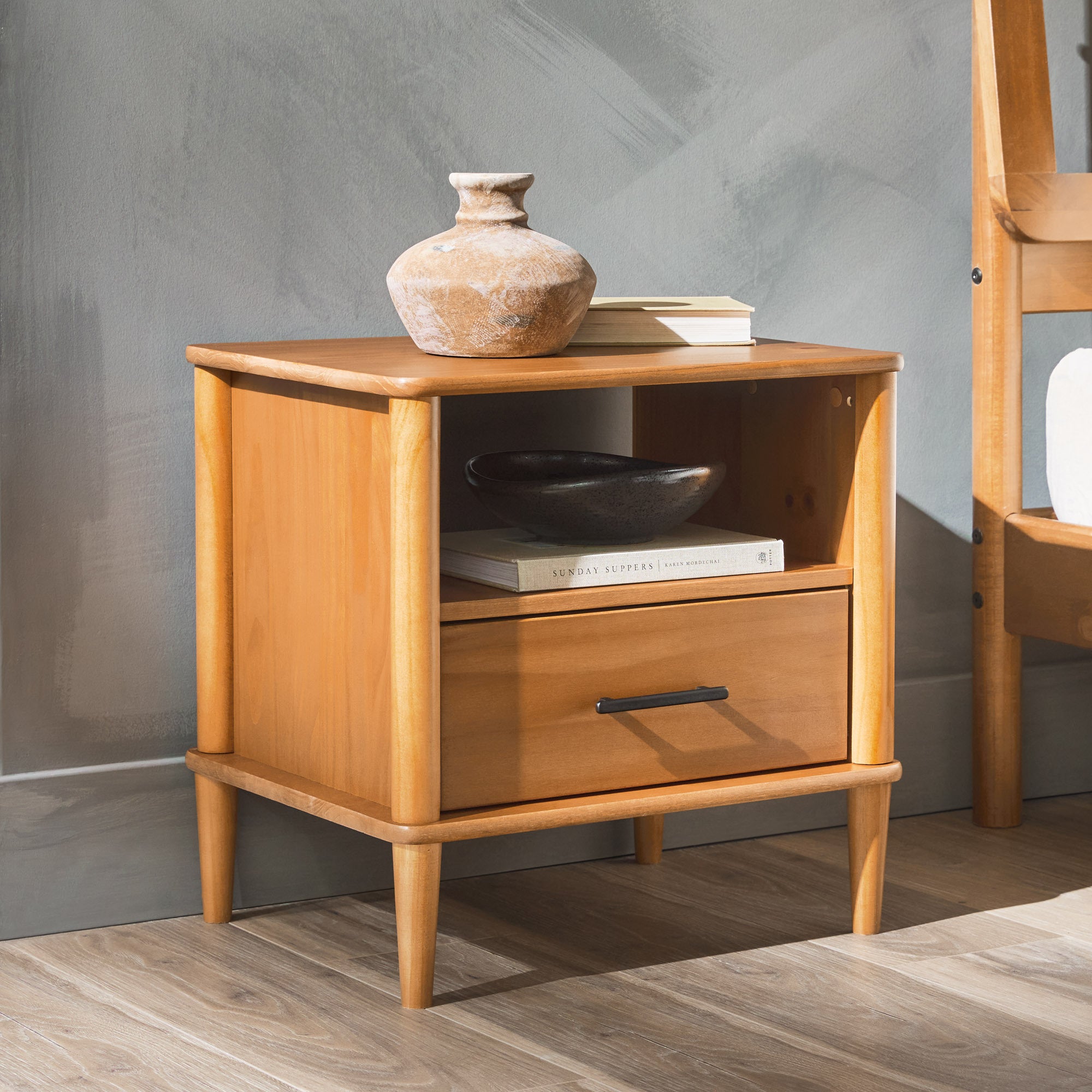 Transitional Solid Wood Spindle Nightstand  Caramel