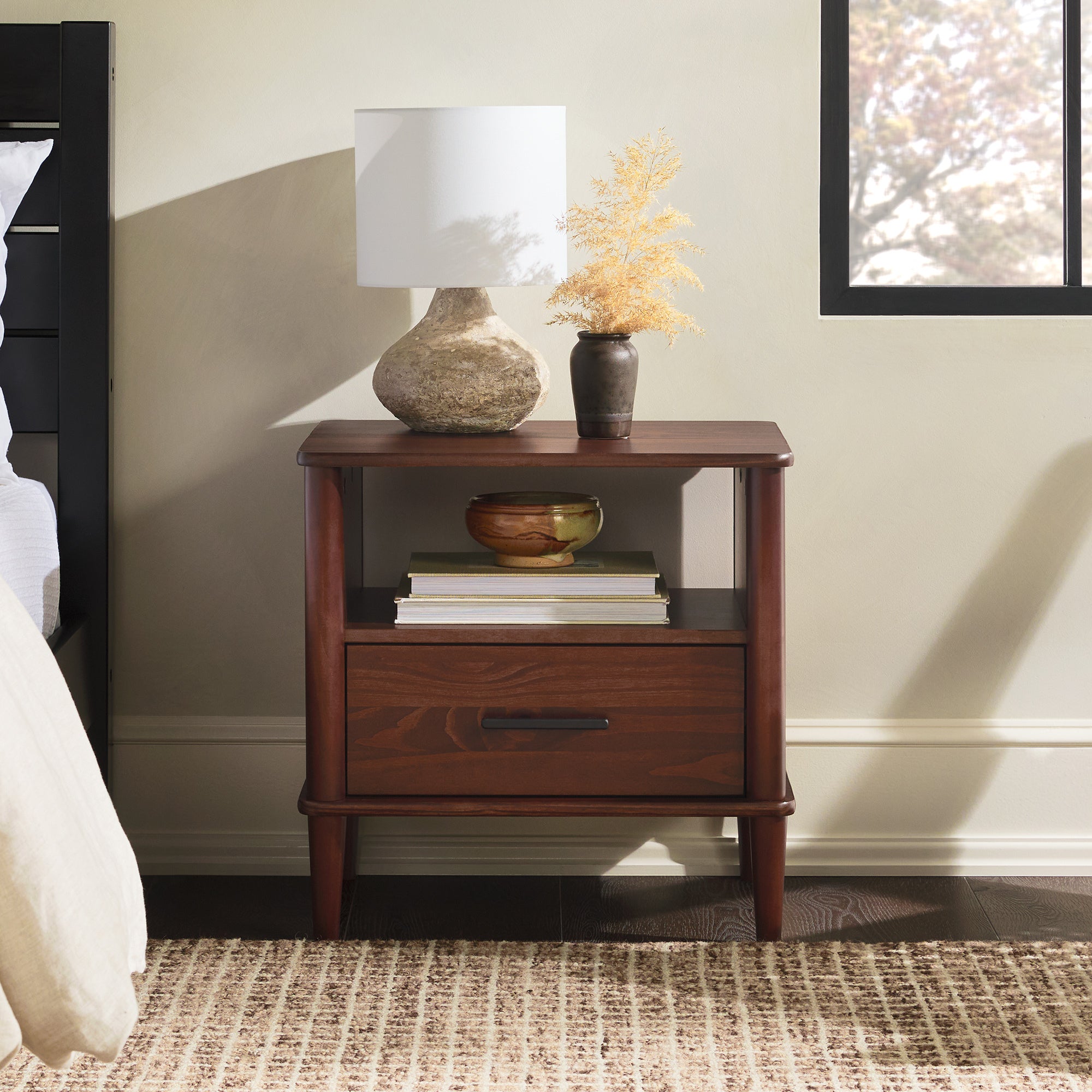 Transitional Solid Wood Spindle Nightstand  Walnut