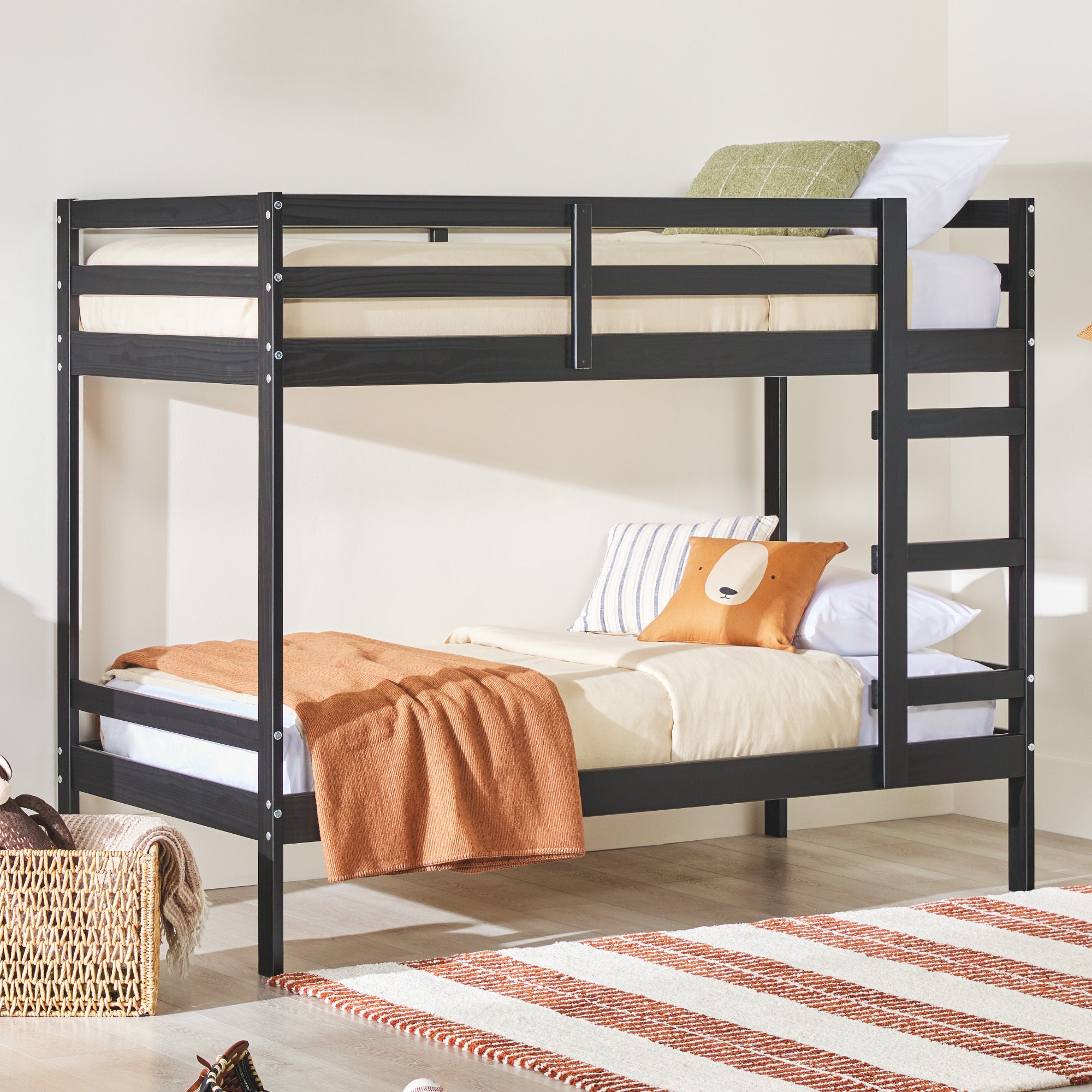 Modern Simple Solid Wood Twin Over Twin Bunk Bed, Black