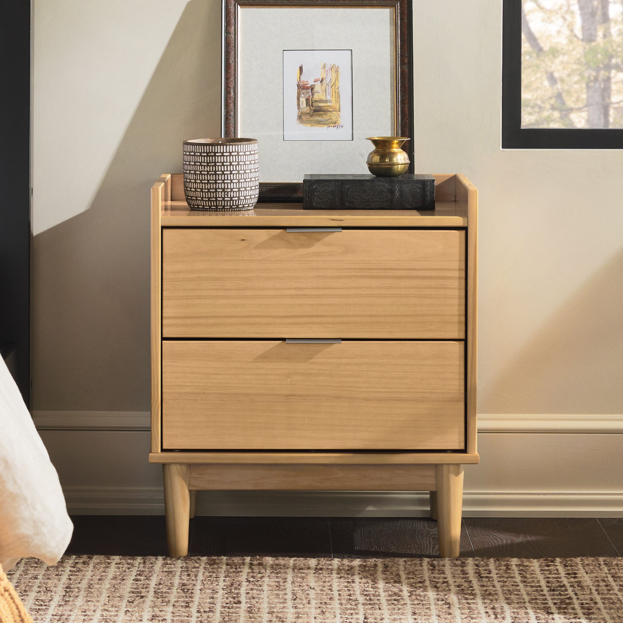 Mid-Century Modern 2-Drawer Solid Wood Nightstand  Natural Pine