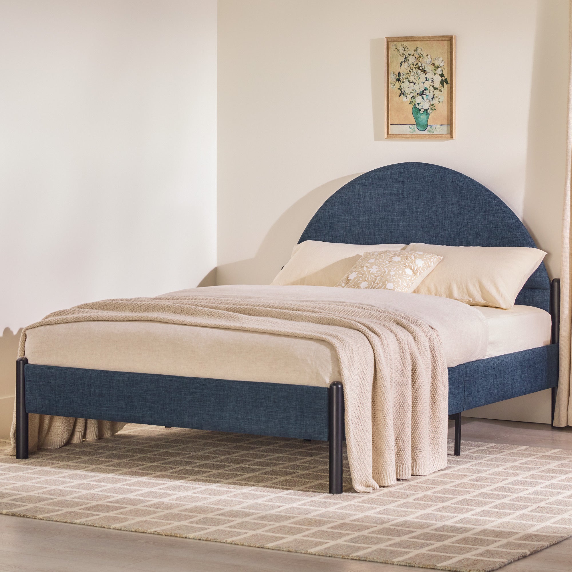 Modern Upholstered Curved Headboard Queen Bedframe  Blue