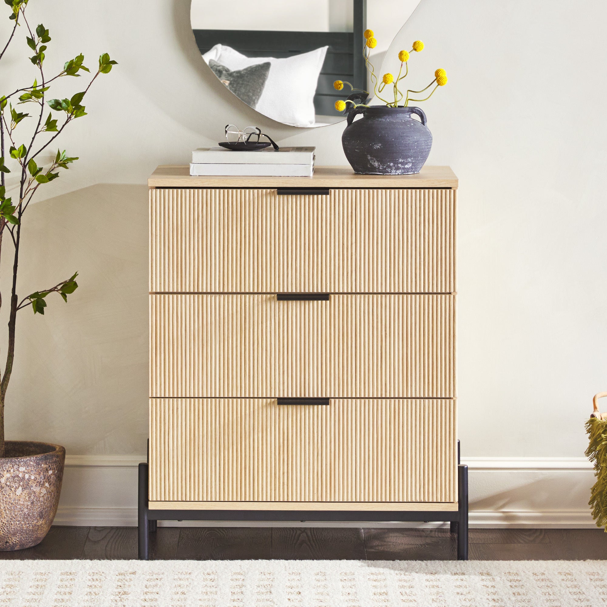 Mid-Century 3-Drawer Chest with Reeded Drawer Fronts, Coastal Oak