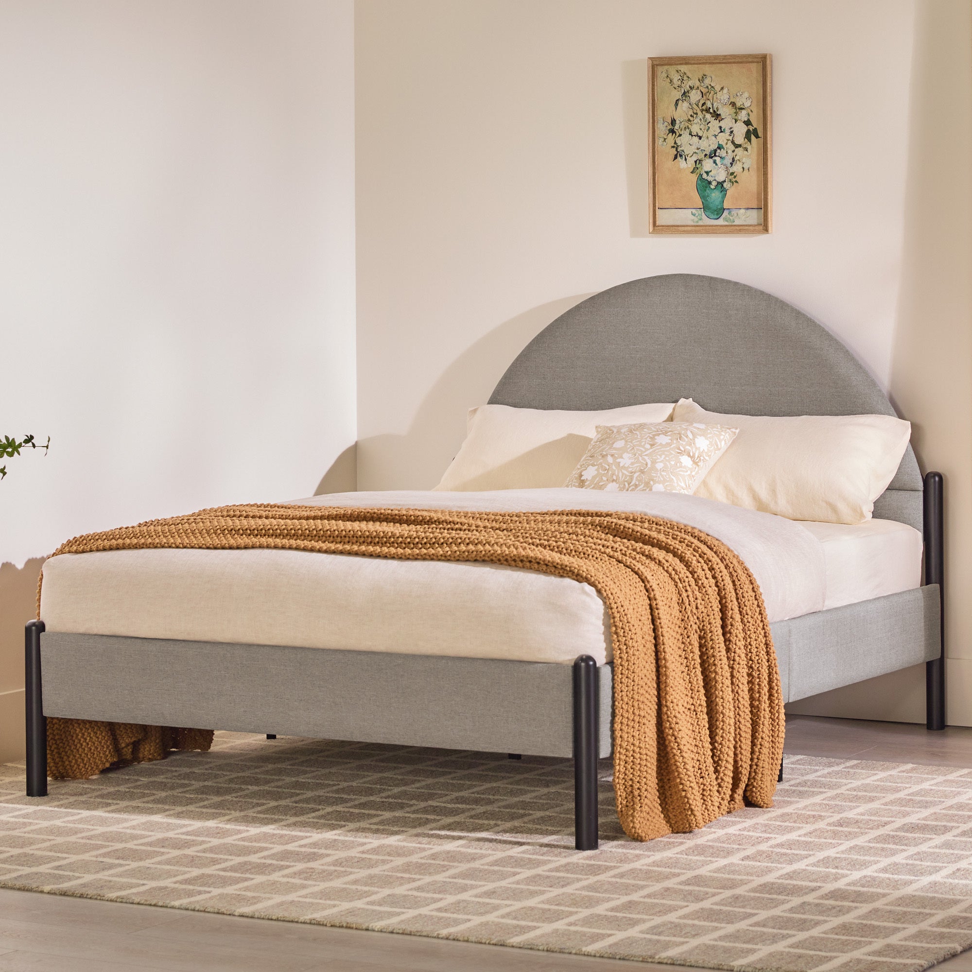 Modern Upholstered Curved Headboard Queen Bedframe  Grey