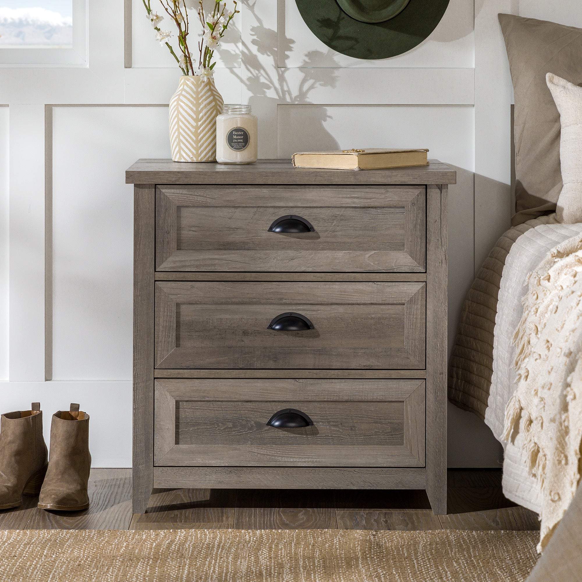 Transitional Farmhouse Framed 3-Drawer Nightstand with Cup Handles - Grey Wash