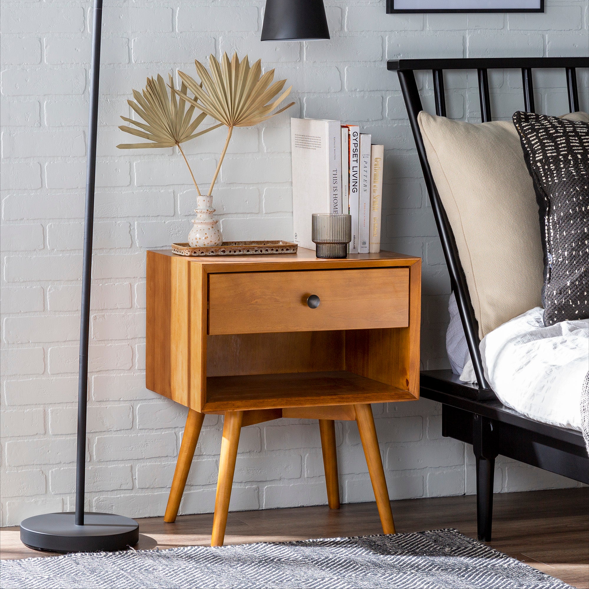 Mid-Century Modern Single-Drawer Solid Wood Nightstand - Caramel