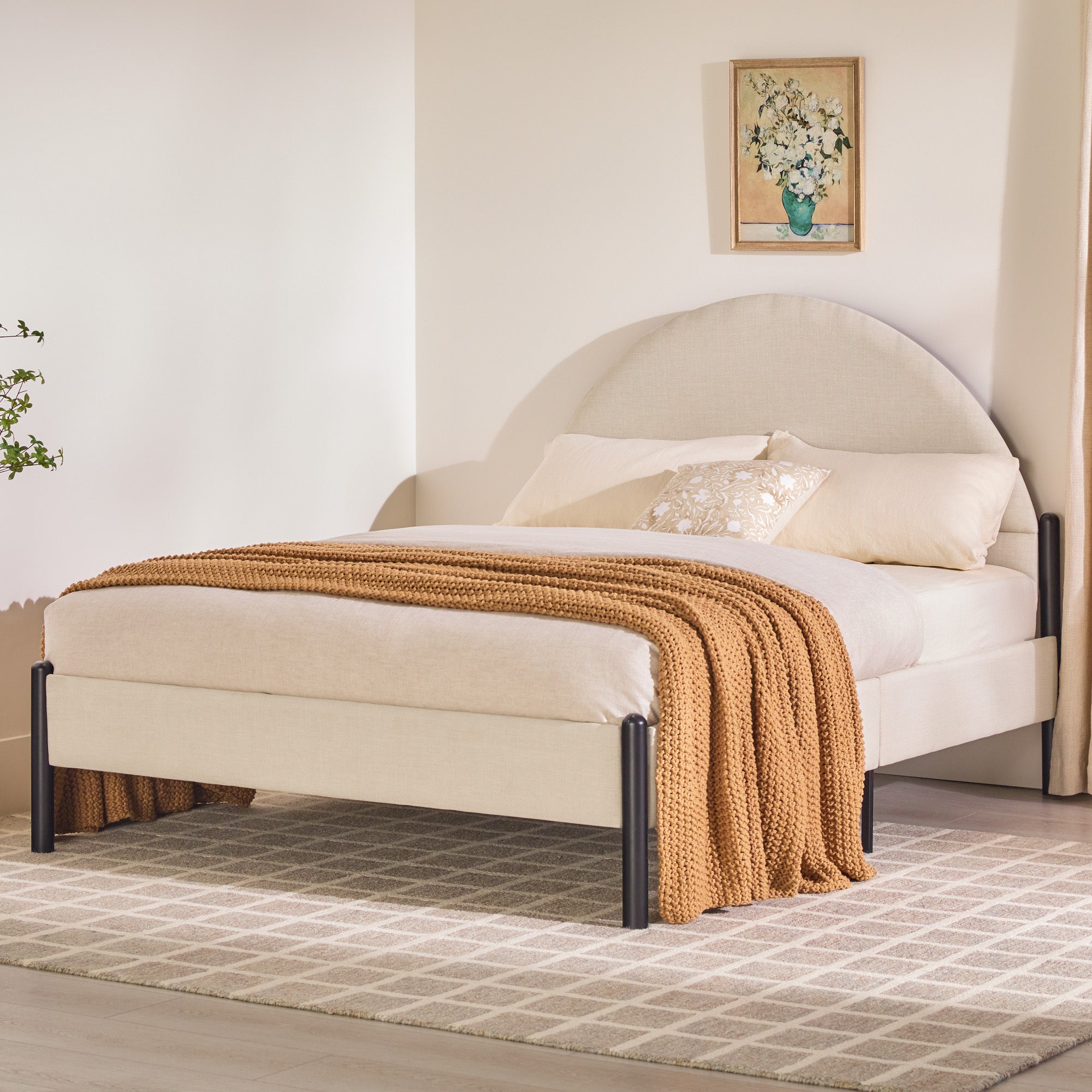 Modern Upholstered Curved Headboard Queen Bedframe  Oatmeal