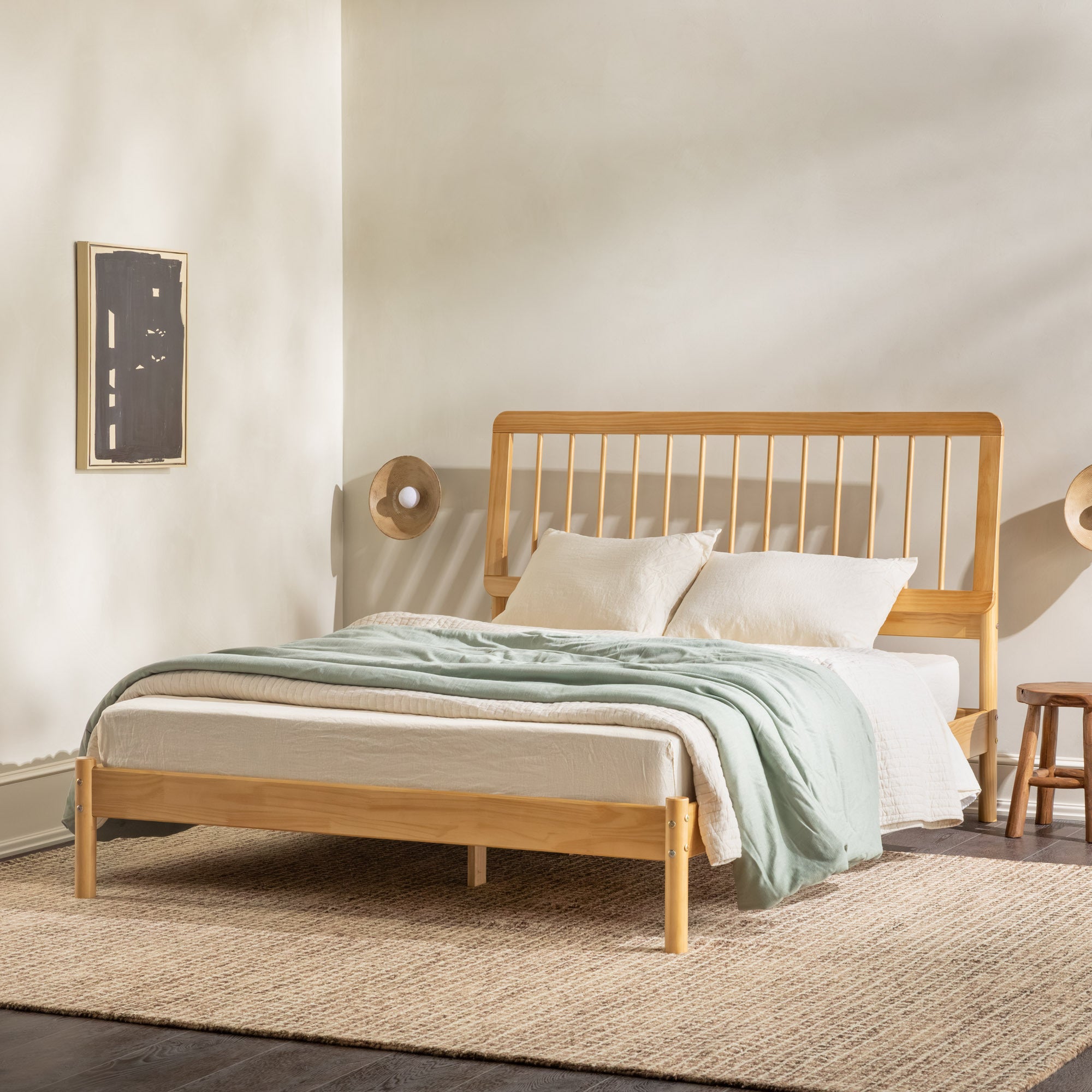 Mid-Century Modern Solid Wood Queen Spindle Bed  Natural Pine