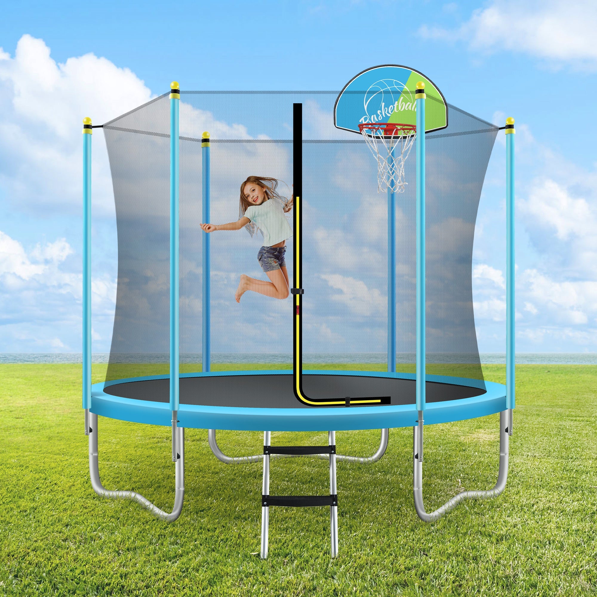 8FT Trampoline with Safety Enclosure Net, Basketball Hoop and Ladder, Easy Assembly Round Outdoor Recreational Trampoline