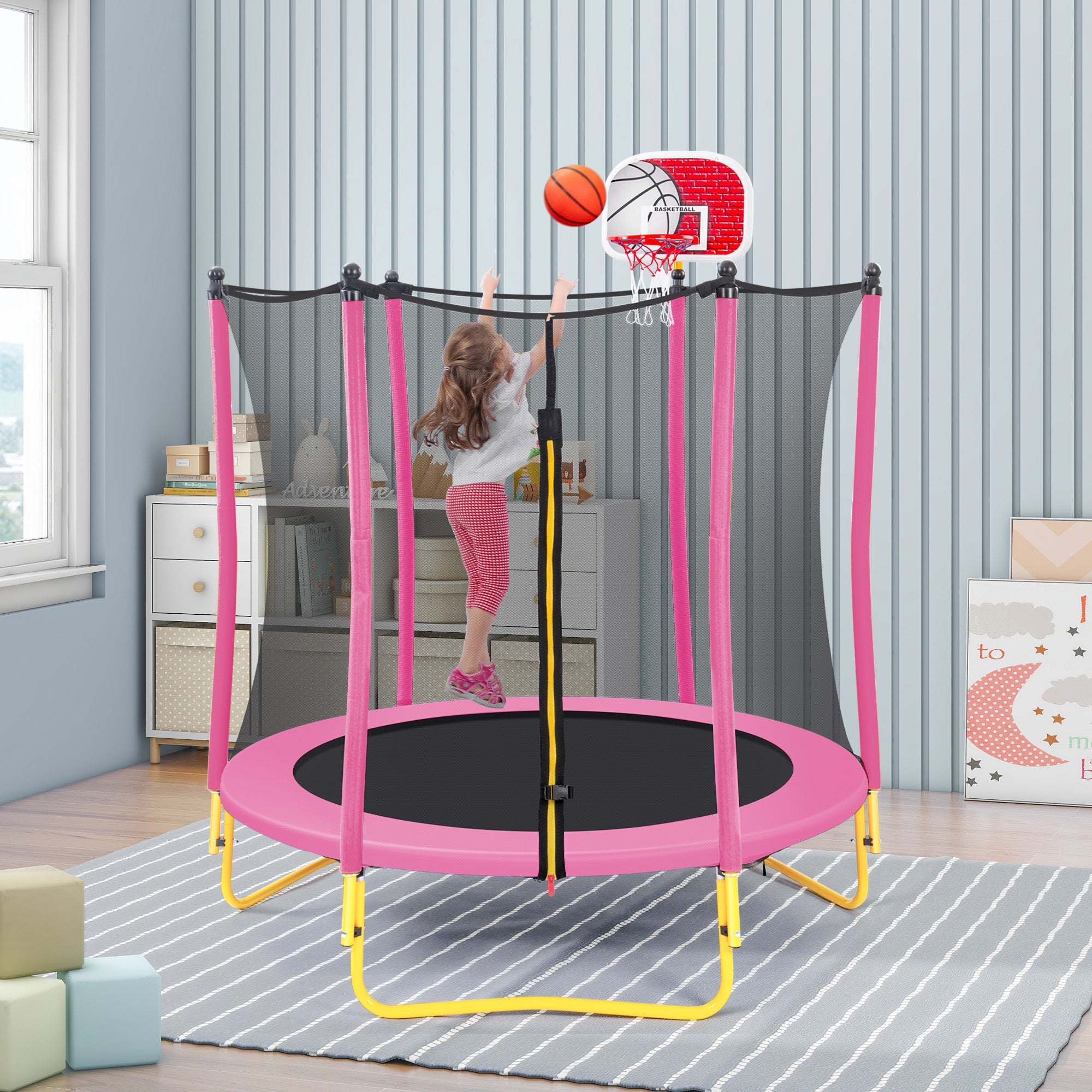 5.5FT Trampoline for Kids - 65 Outdoor & Indoor Mini Toddler Trampoline with Enclosure, Basketball Hoop and Ball Included