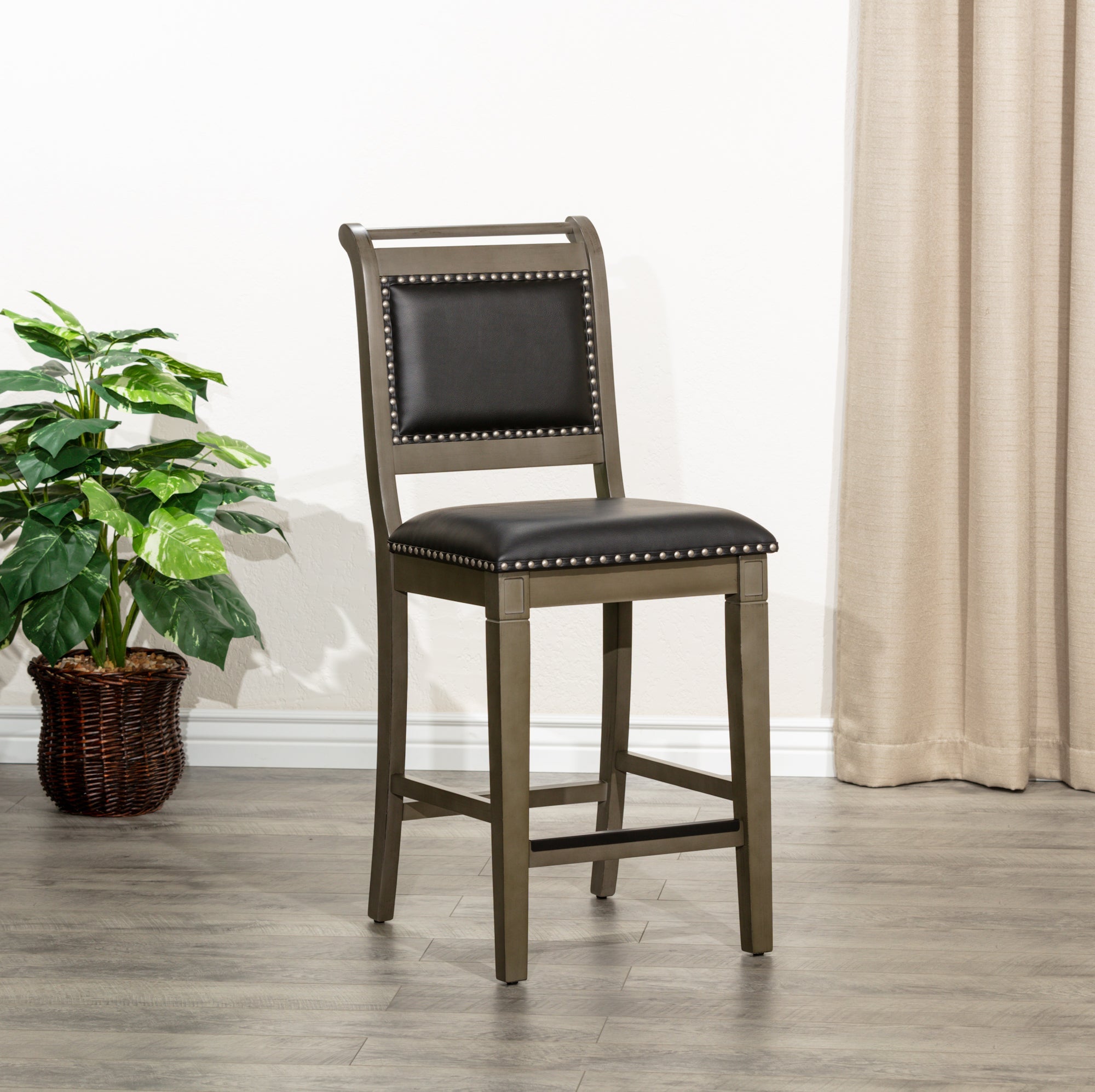 24 Stool, Weathered Gray Finish, Black Leather Seat