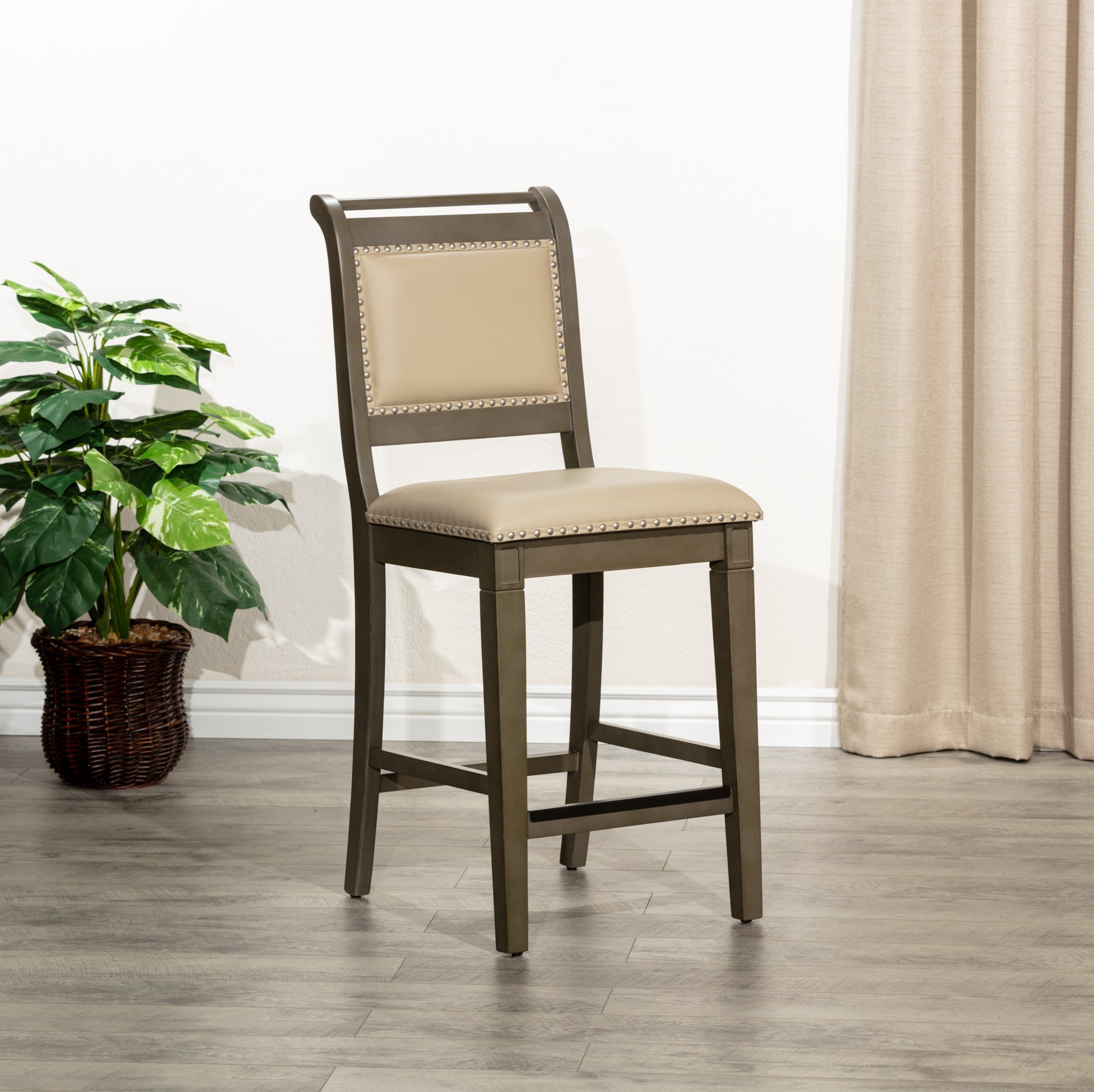 24 Stool, Weathered Gray Finish, French Gray Leather Seat