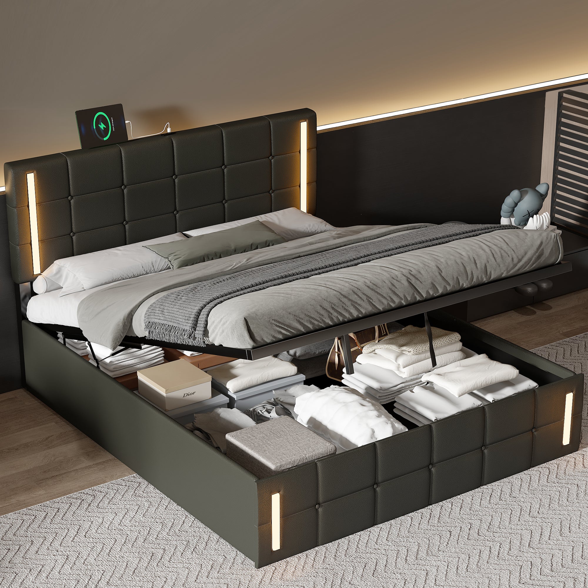 Queen Size Upholstered Bed with LED Lights