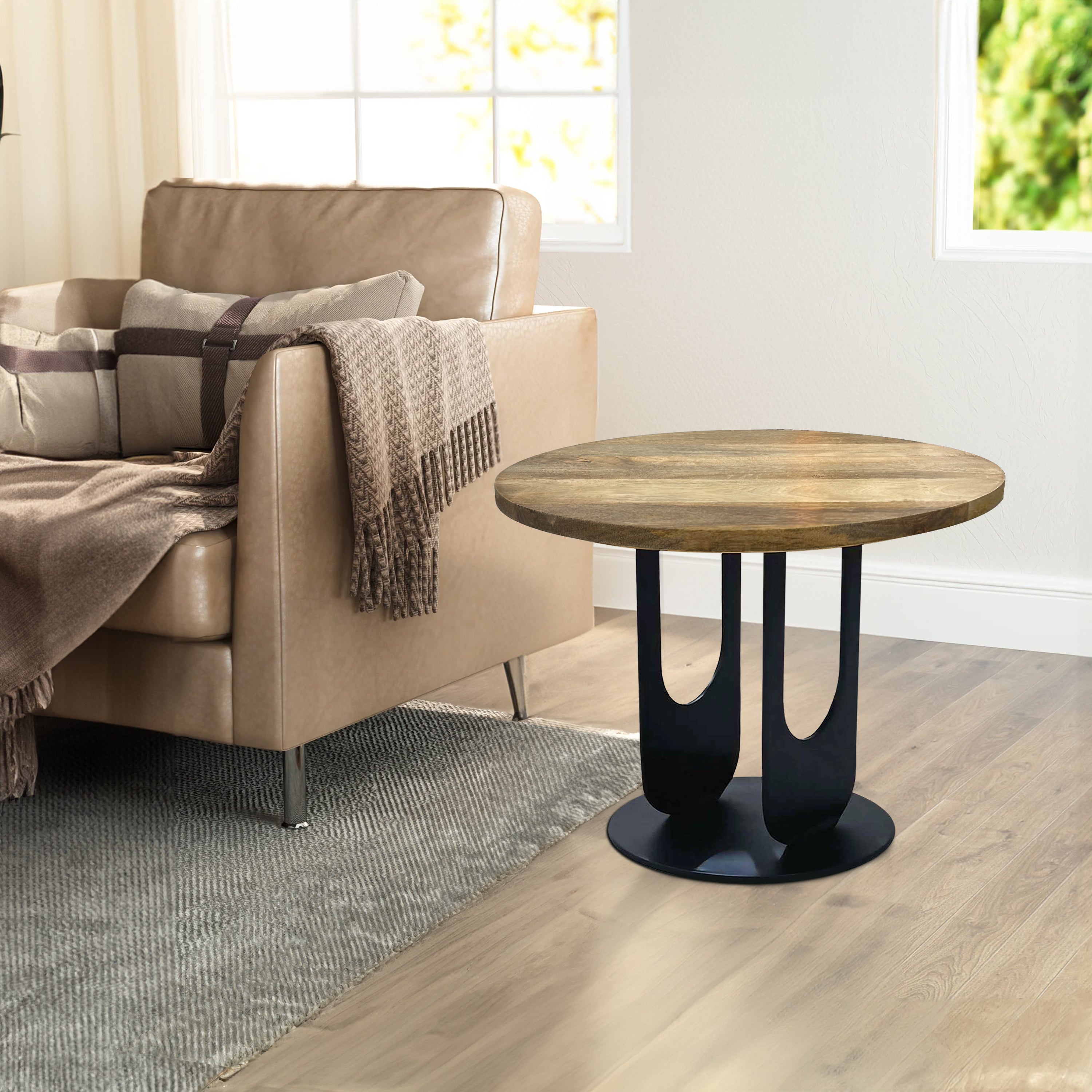 22 Inch Side End Table, Round Natural Mango Wood Top,  Black Iron U Shaped Legs