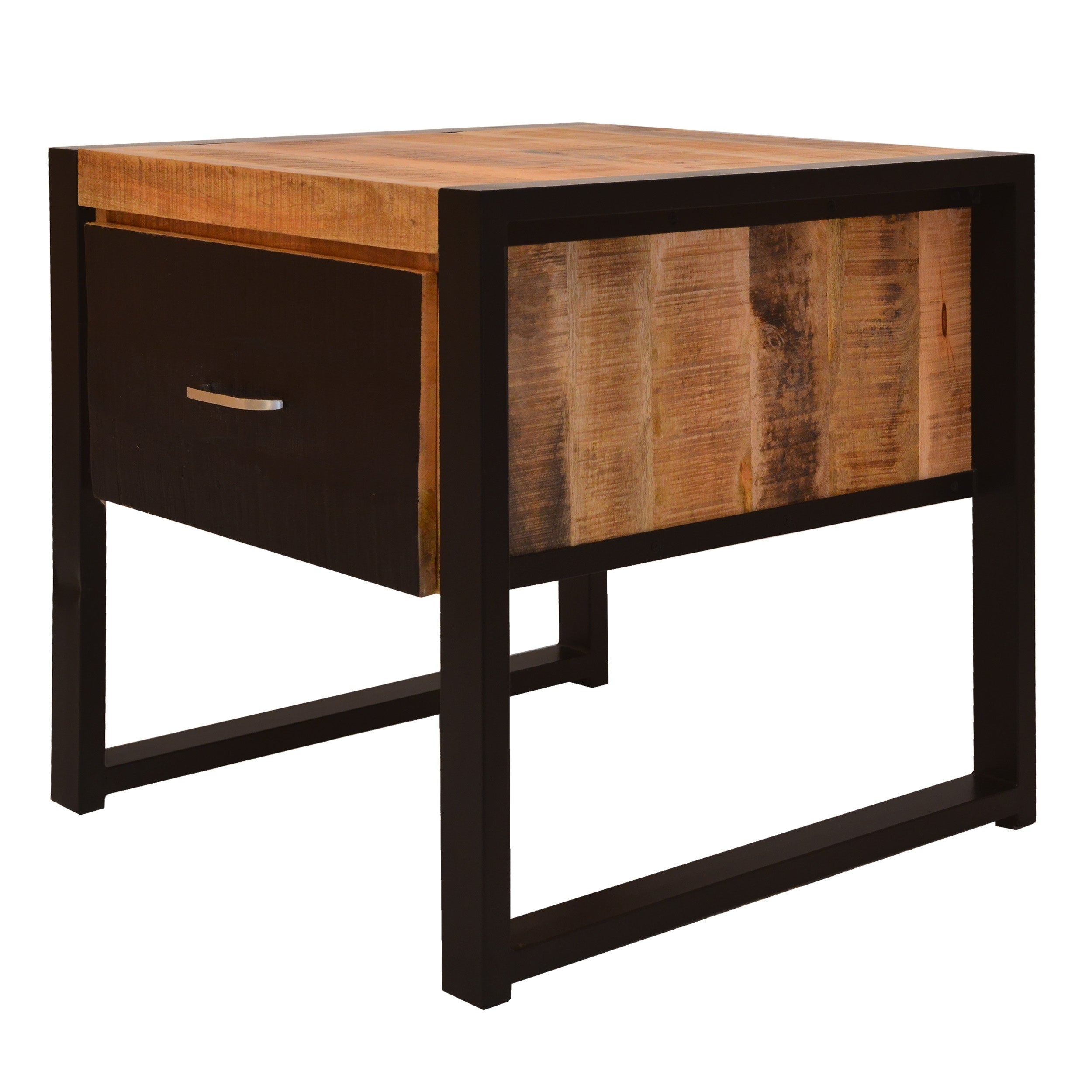 24 Inch Single Drawer Mango Wood Bedside Table, Iron Sled Style Base, Brown, Black