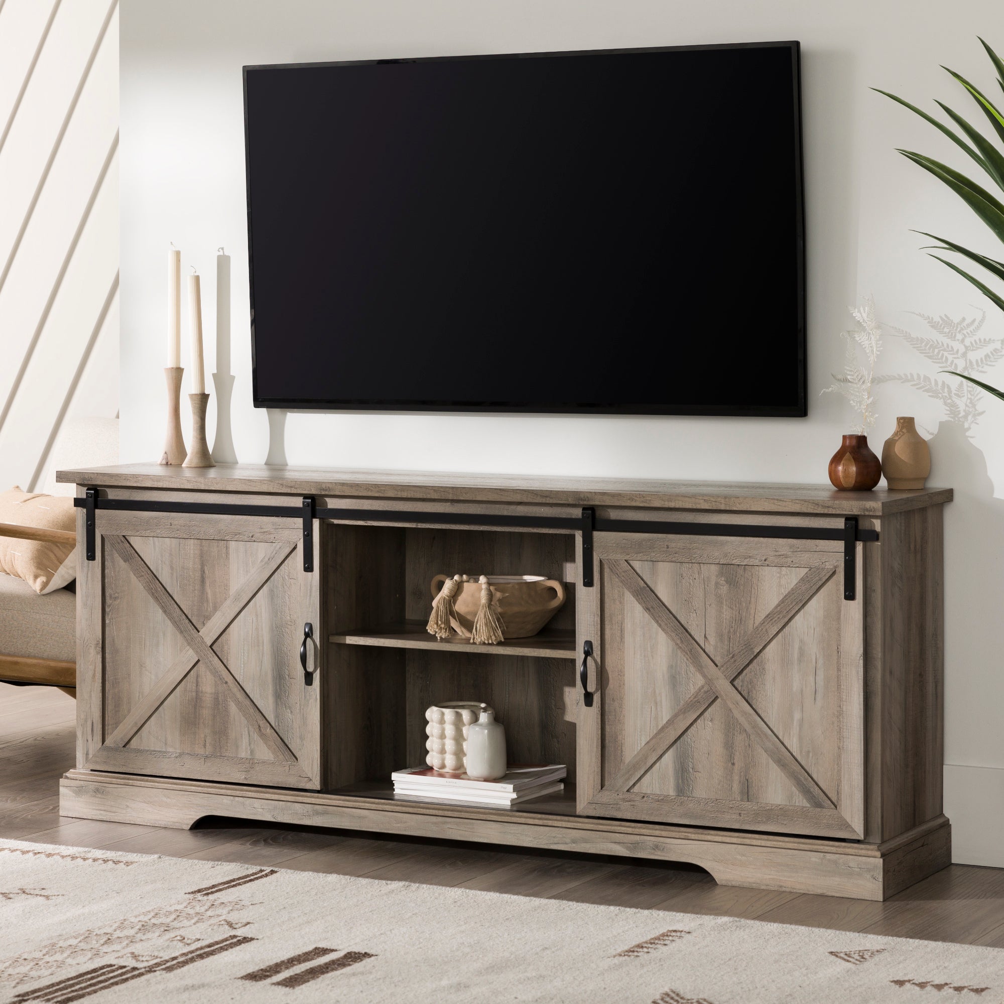 Farmhouse Sliding X Barn Door 70"" TV Stand