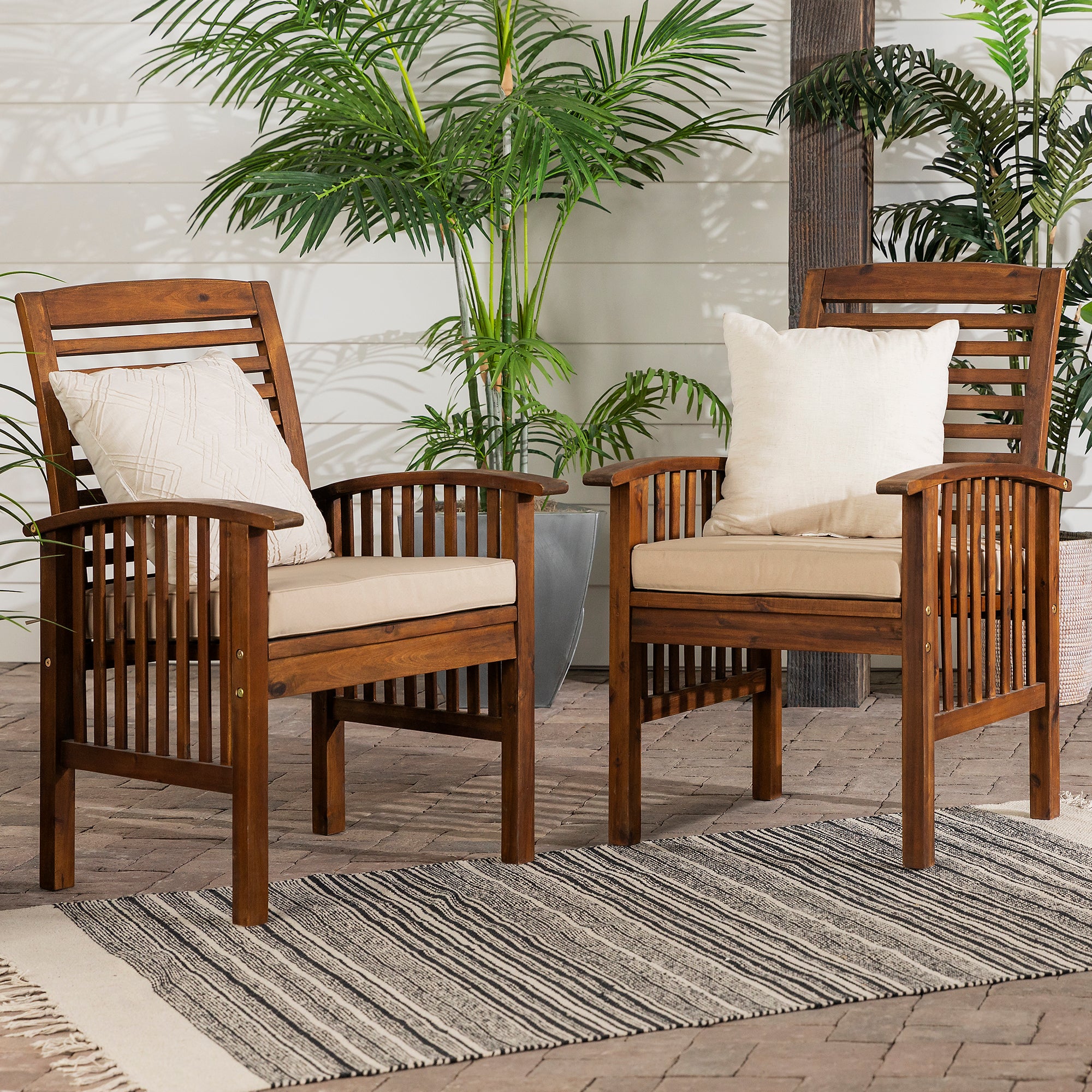 Modern 2-Piece Slat-Back Patio Chairs with Cushions